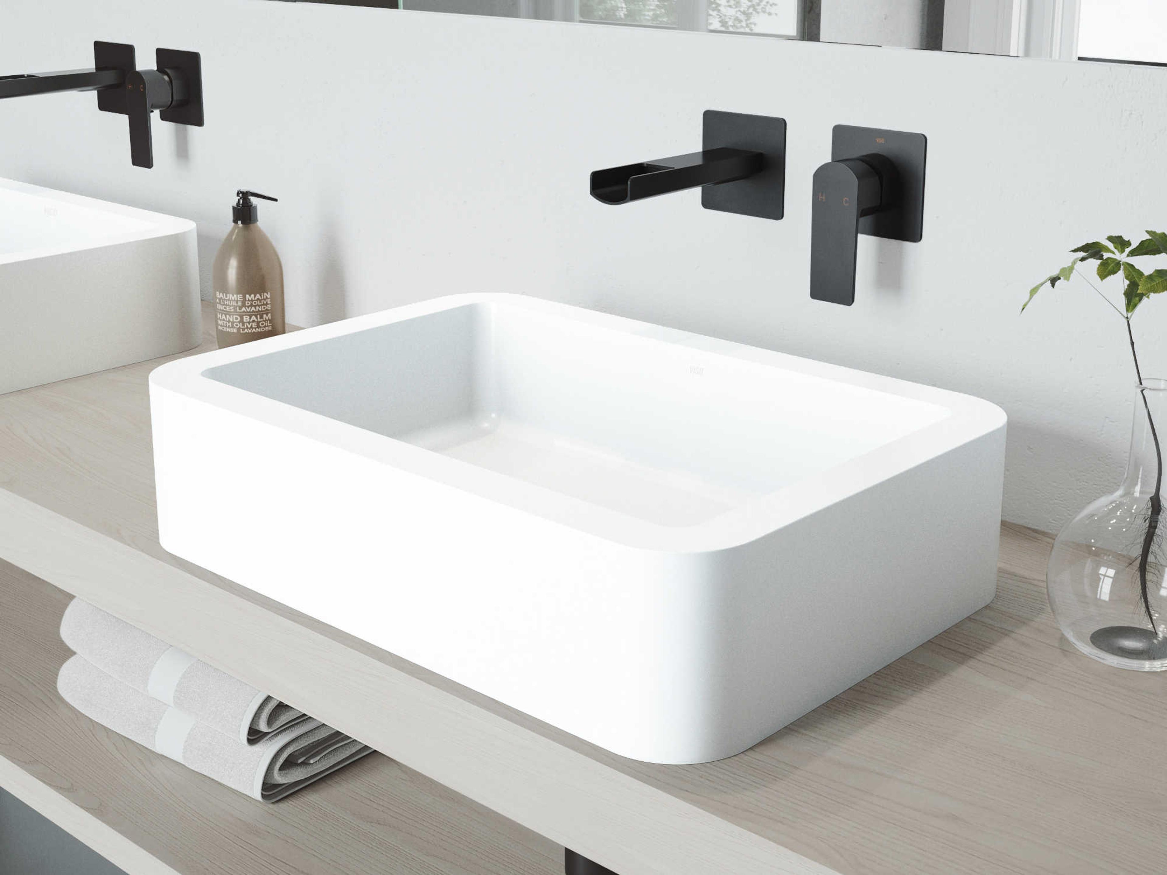 Vigo Petunia Matte White 23" Rectangular Vessel Bathroom Sink with Matte Black Single-Handle Atticus Wall-Mount Faucet and Drain