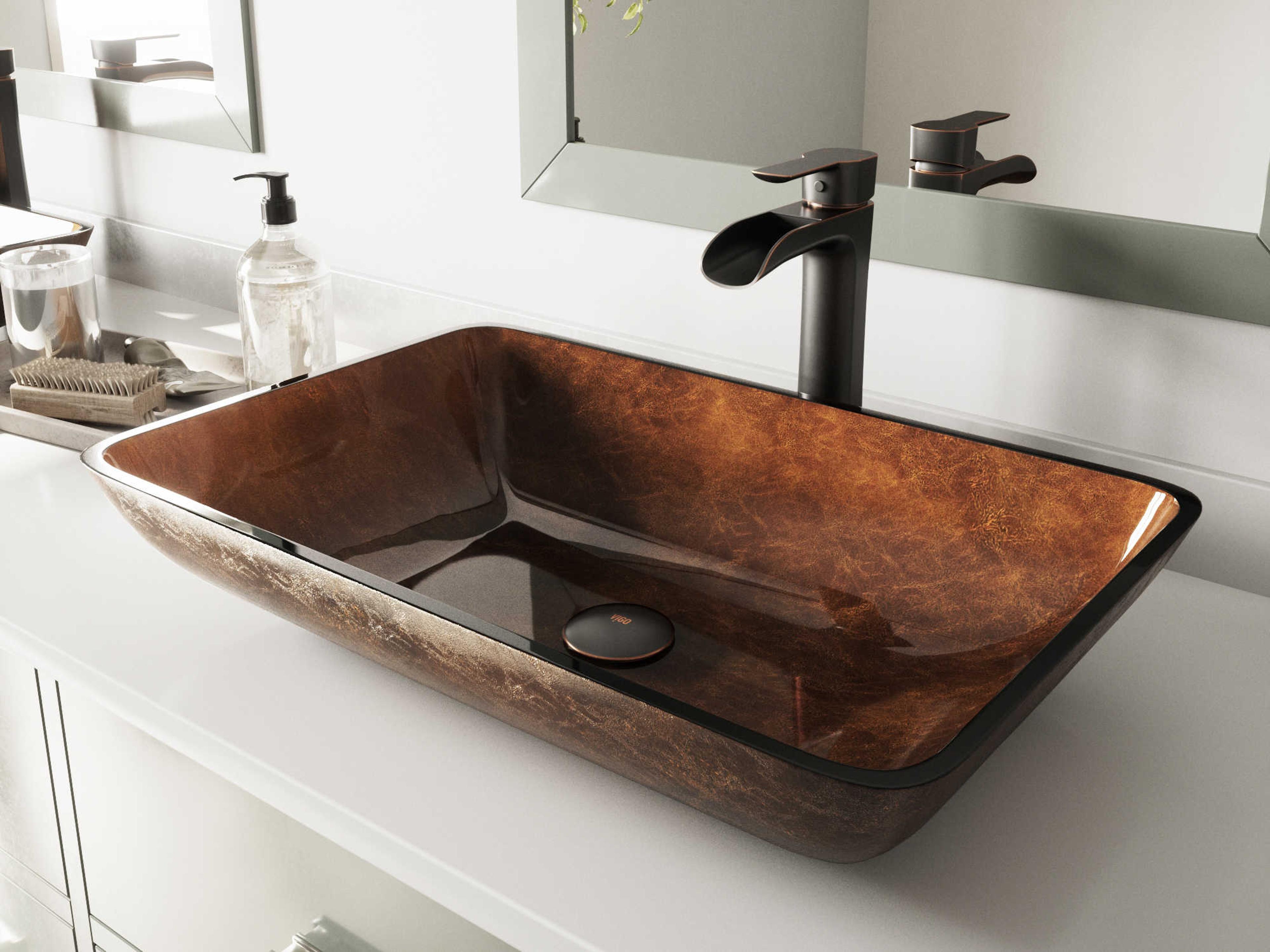 Russet Rich Chocolate Brown 23" Rectangular Vessel Bathroom Sink with Antique Rubbed Bronze 1-Lever Niko Faucet and Drain