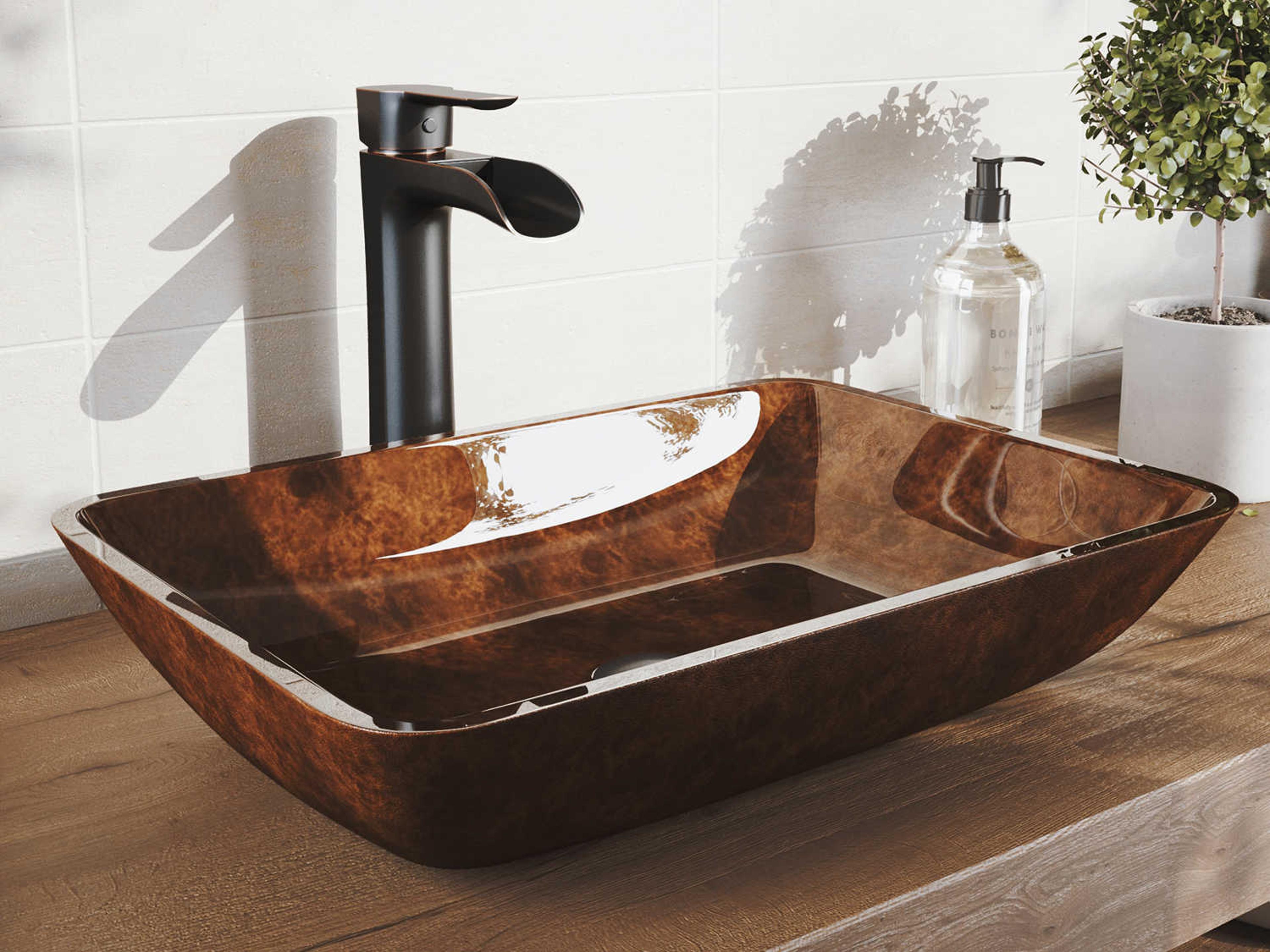 Russet Red / Brown Fusion 18" Rectangular Vessel Bathroom Sink with Antique Rubbed Bronze 1-Lever Niko Faucet and Drain