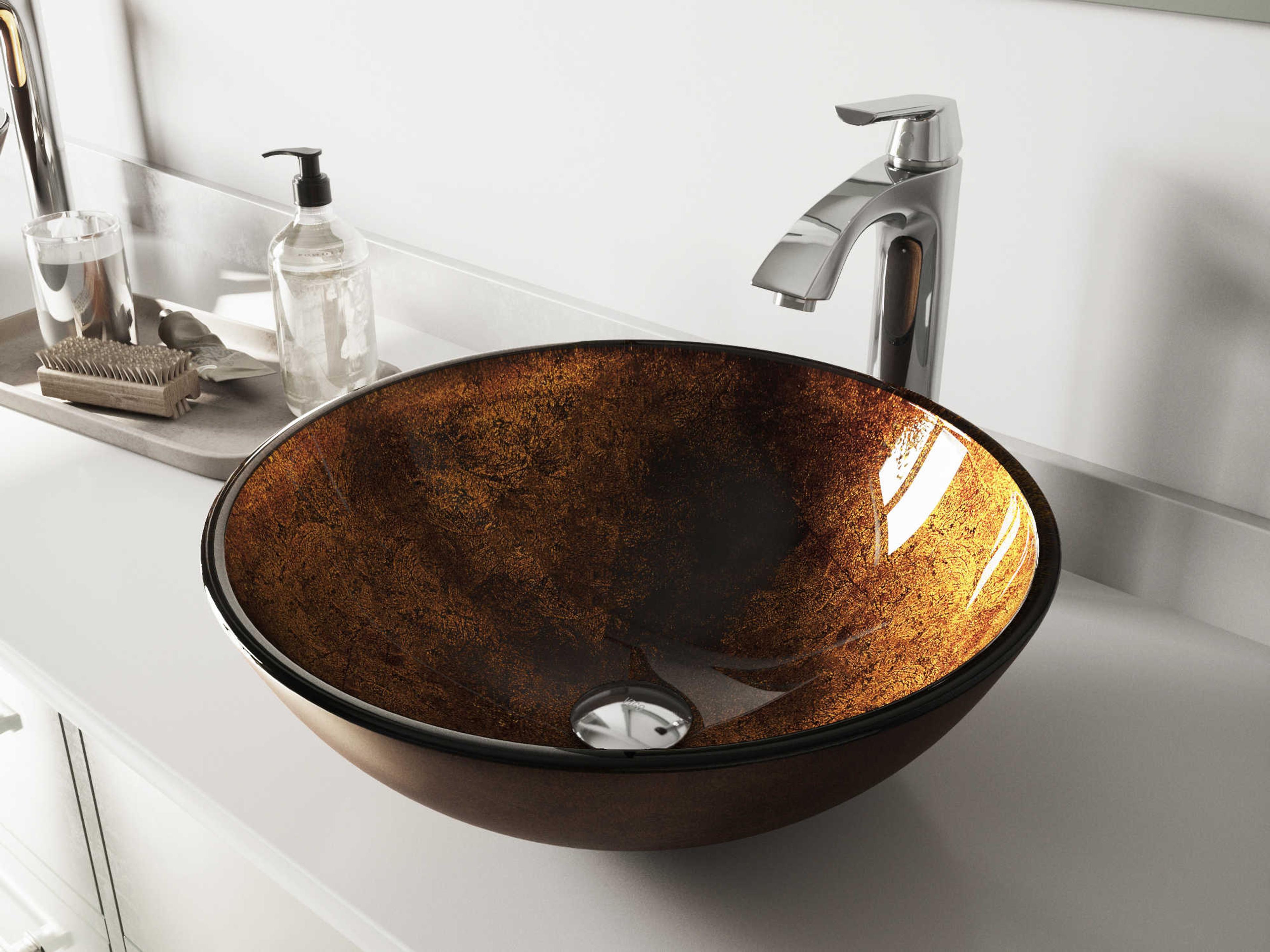 Russet Gold / Brown Fusion 17" Round Vessel Bathroom Sink with Chrome 1-Handle Linus Faucet and Drain