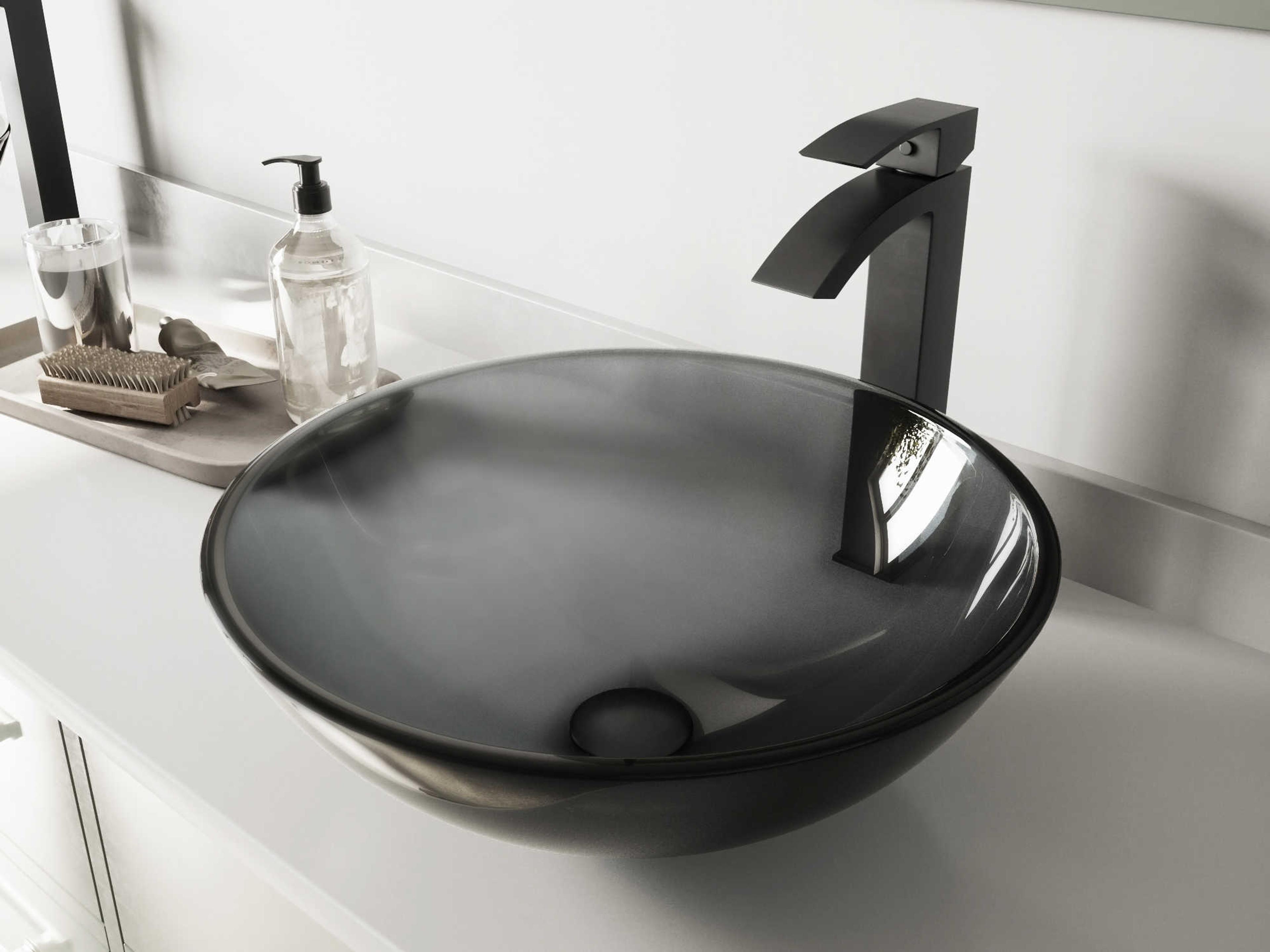 Sheer Black 17" Round Vessel Bathroom Sink with Matte Black 1-Lever Duris Faucet and Drain