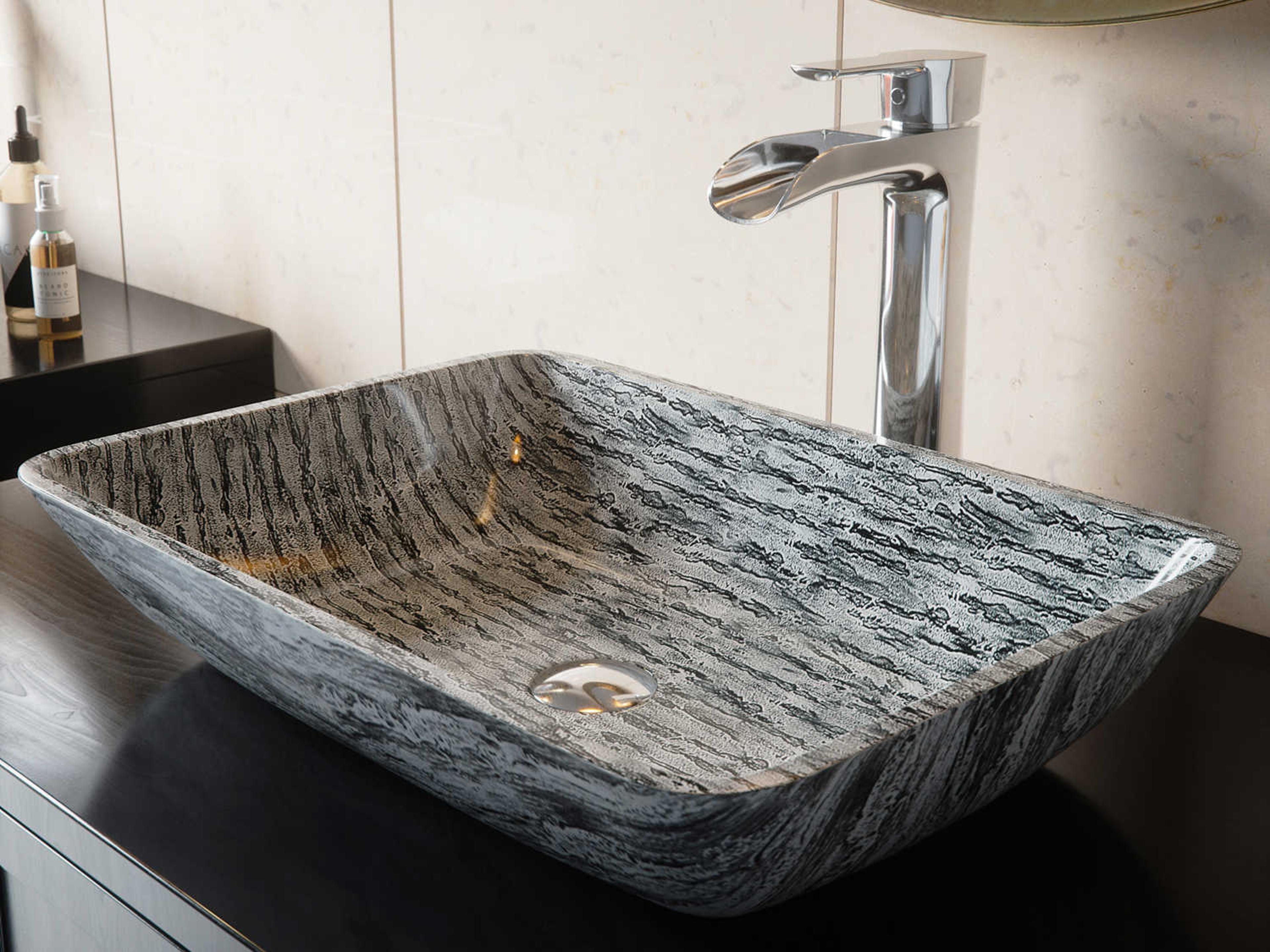 Titanium Slate Grey 18" Rectangular Vessel Bathroom Sink with Chrome 1-Lever Niko Faucet and Drain
