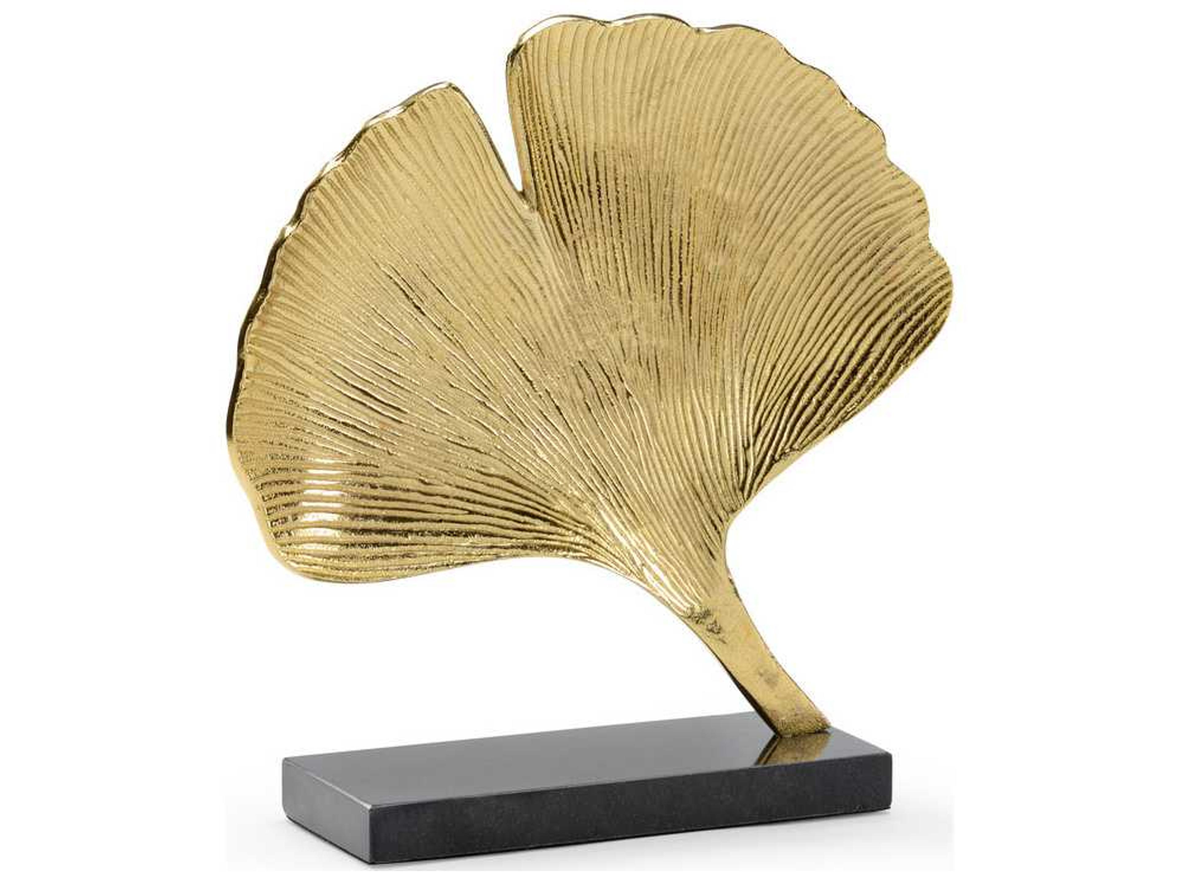 Ginkgo Aluminum Leaf Sculpture with Marble Base in Gold and Black