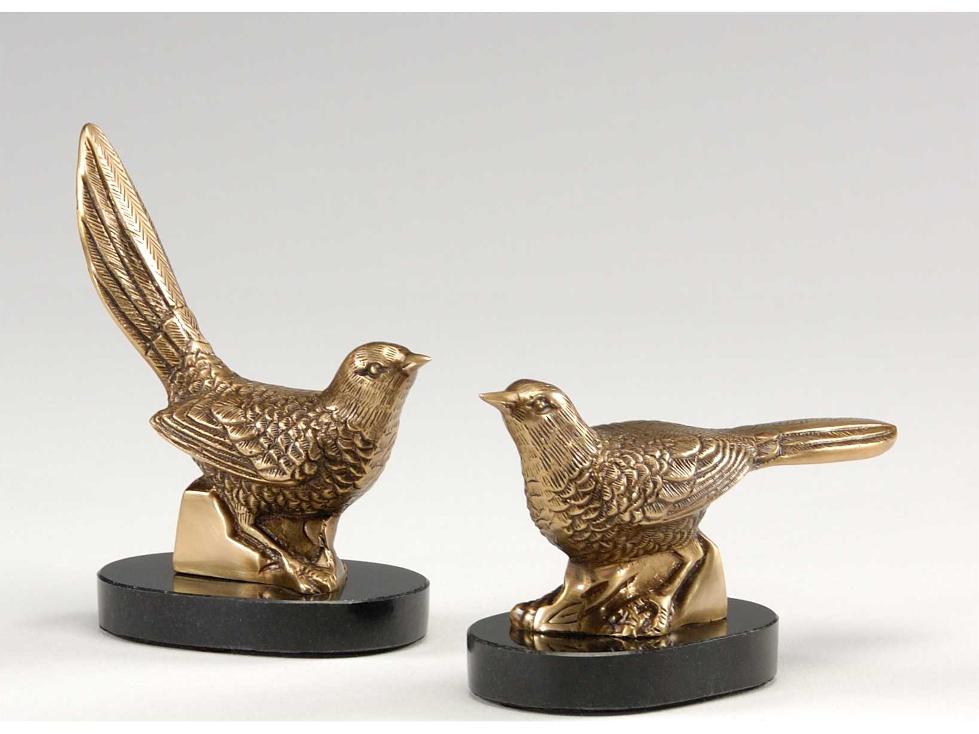 Plinthed Birds Cast Brass Sculpture Set with Black Marble Base