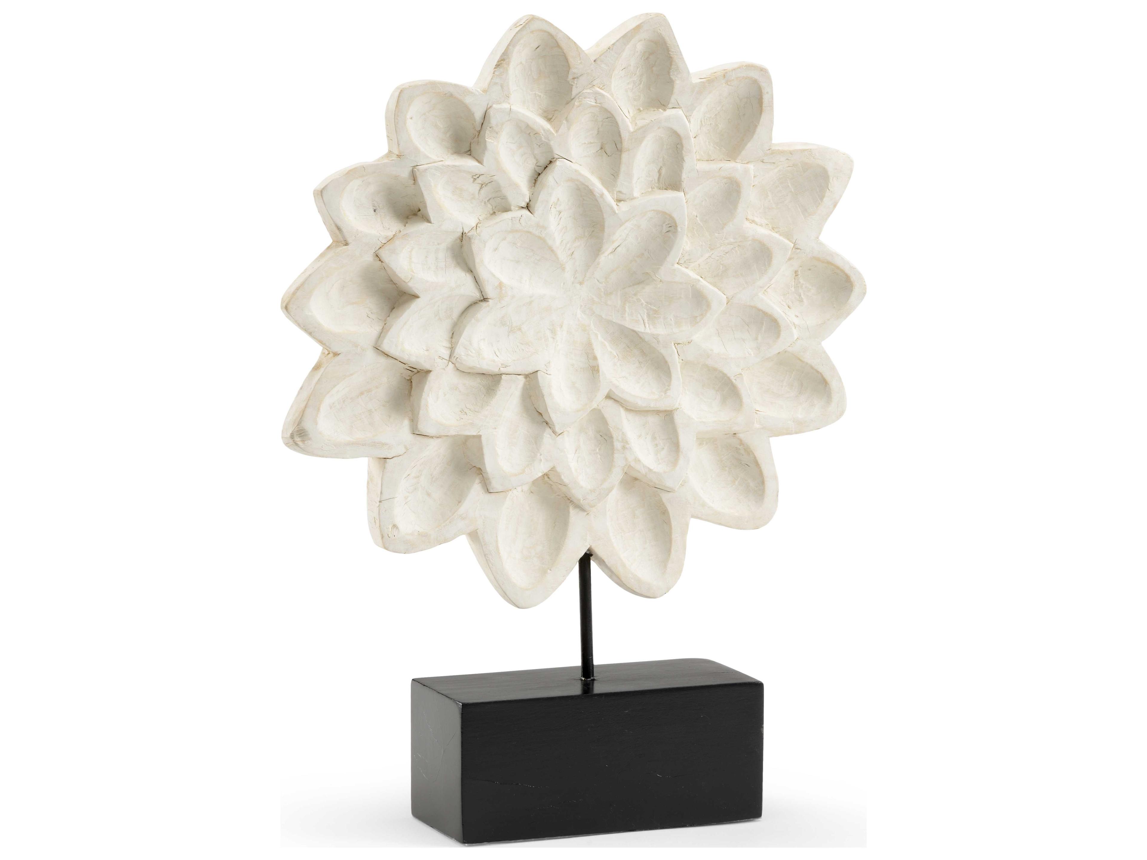 Floral Sculpture White and Black Hand-Carved Wood
