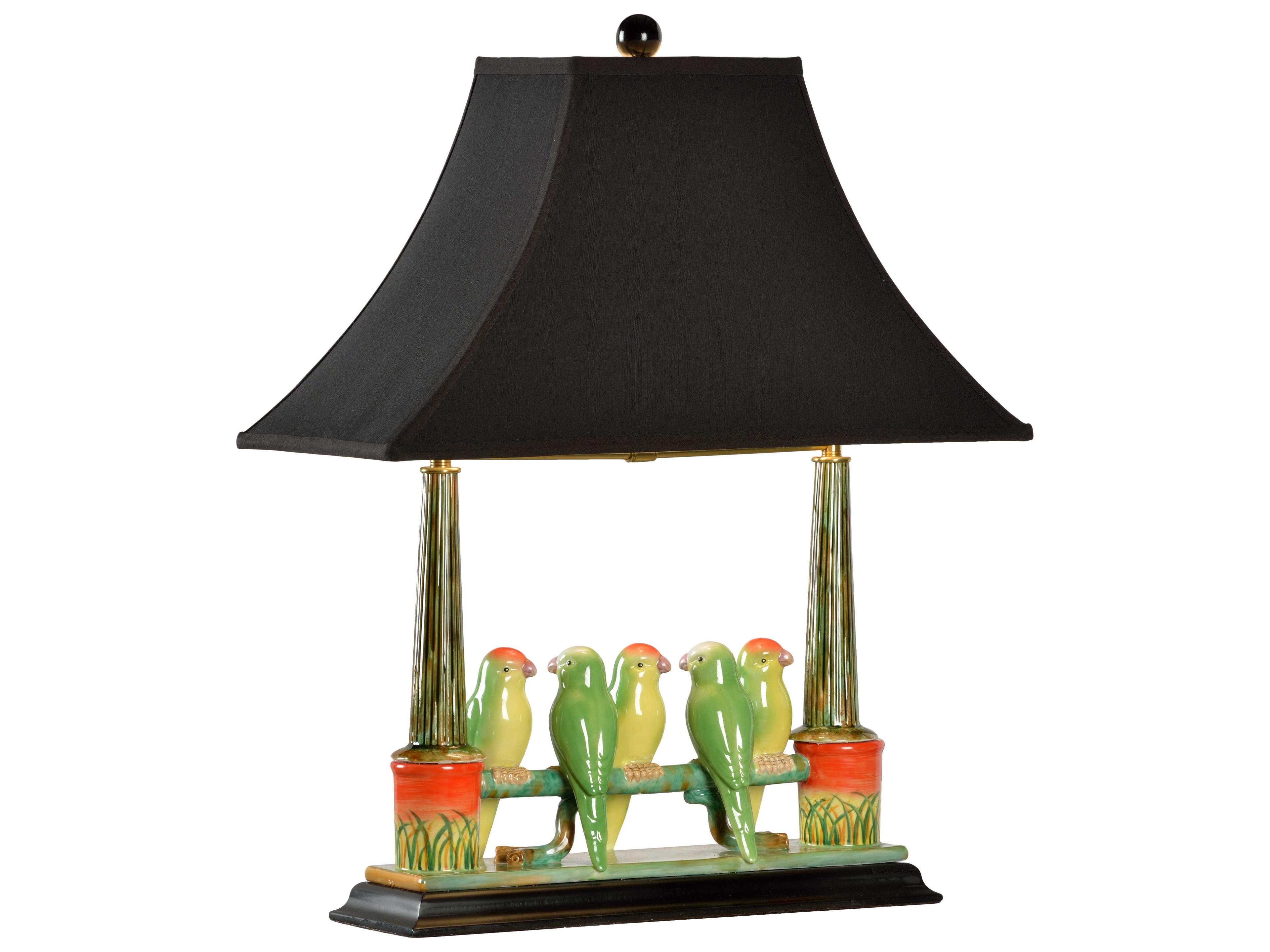 Budgies Green Orange Black Silkette Brass Table Lamp