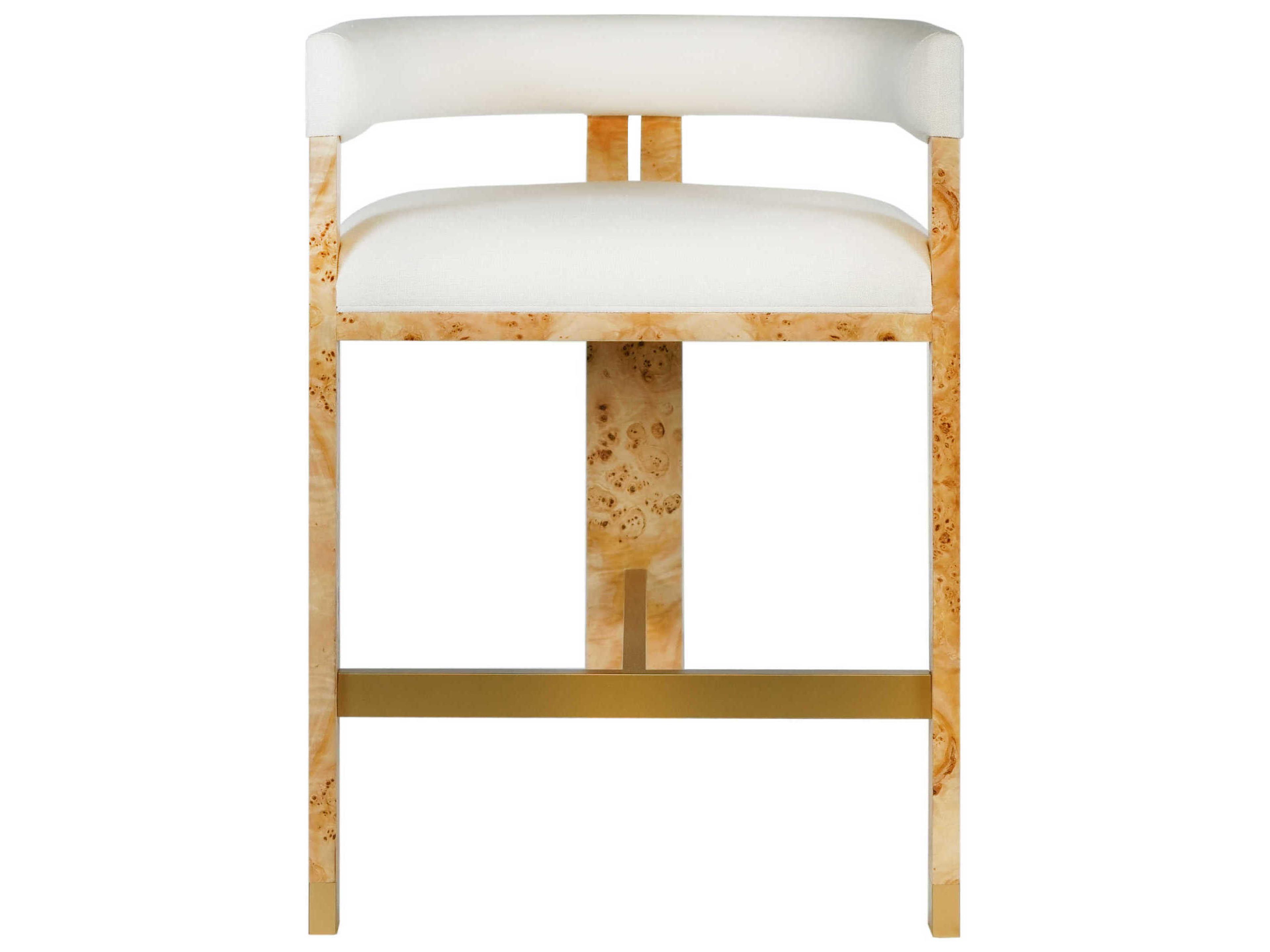 Worlds Away Upholstered Matte Burl Wood White Linen Counter Stool