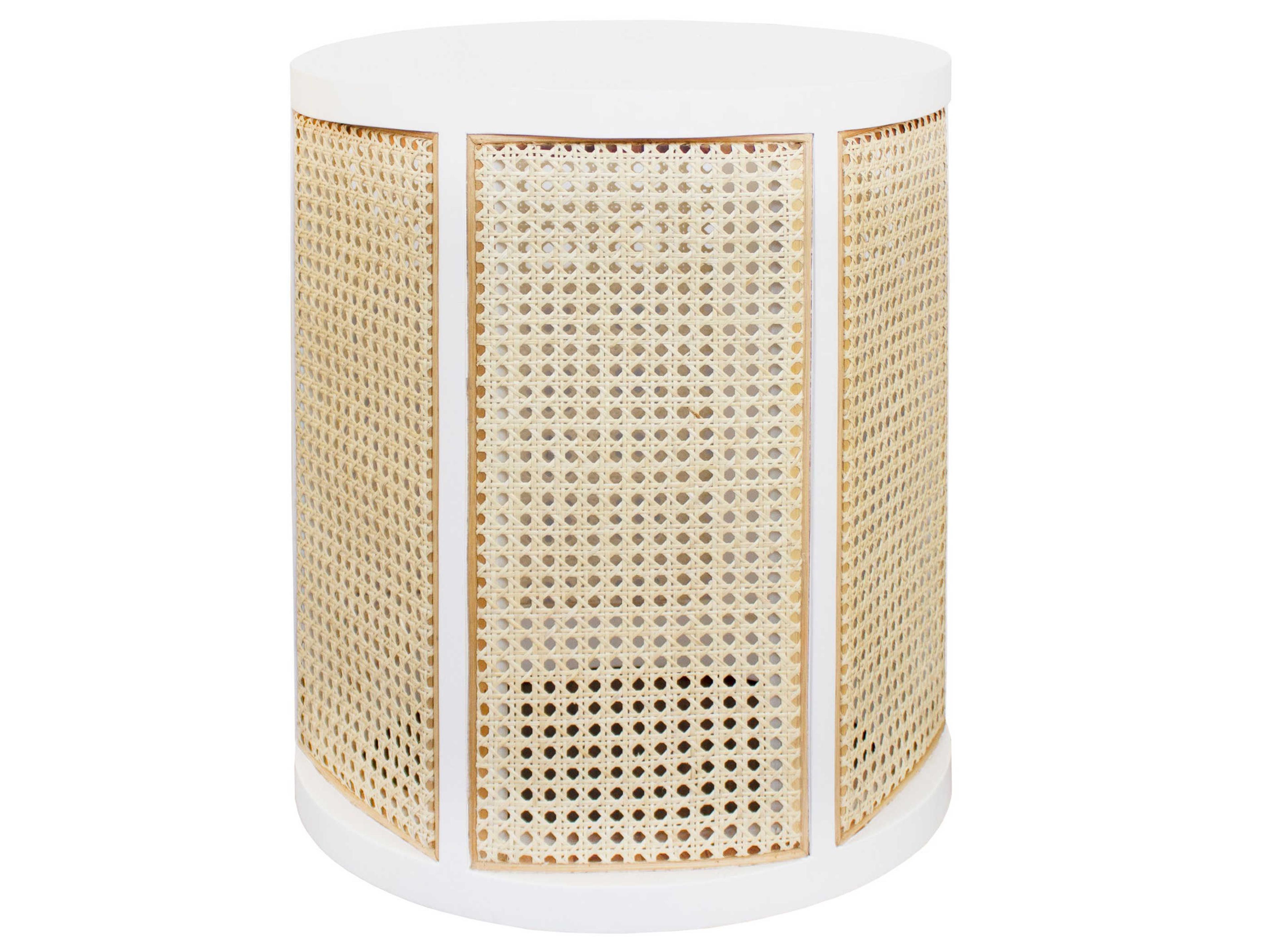 Round Wood Matte White Lacquer Natural Caning End Table