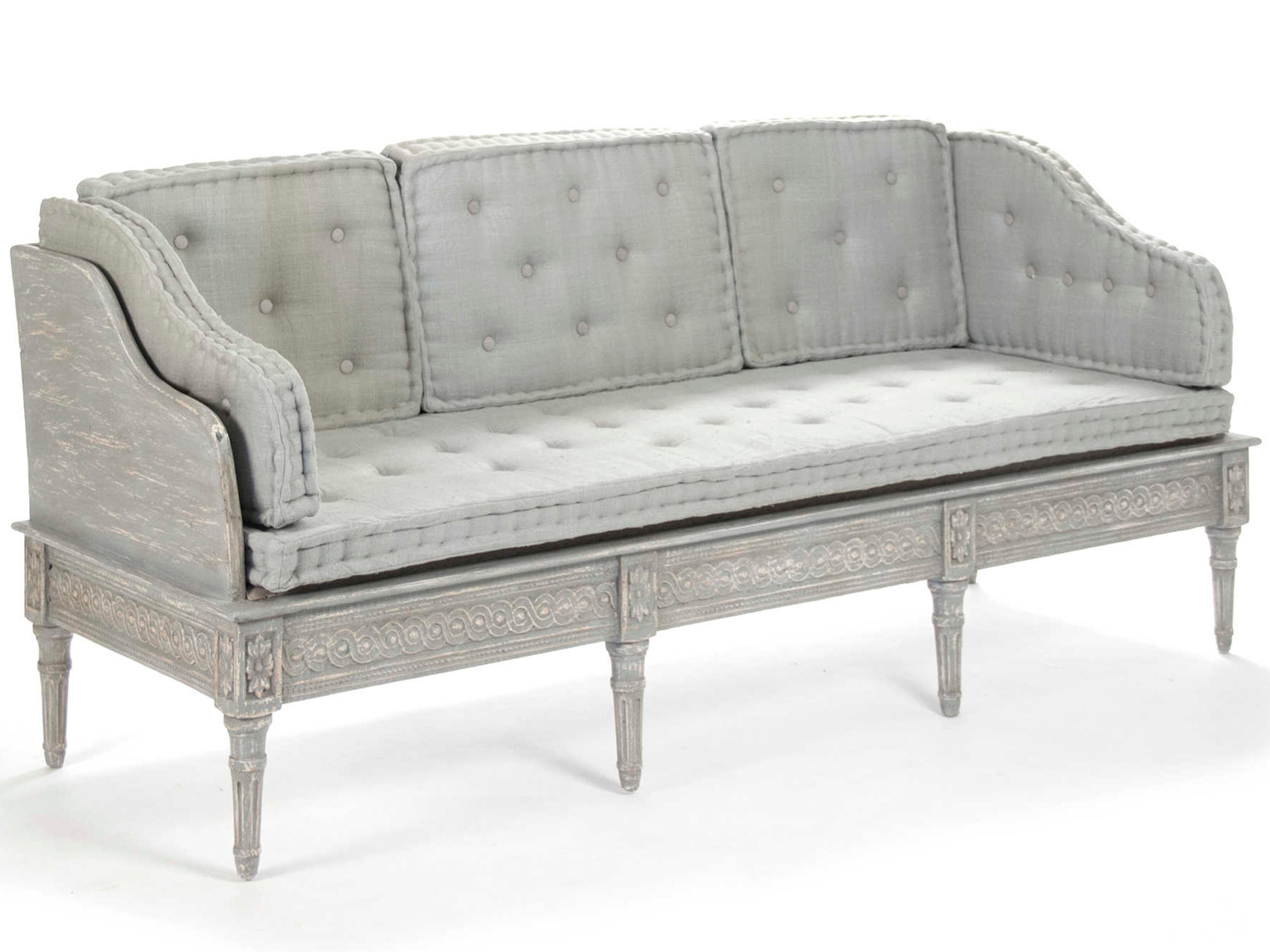Distressed Dove Grey Blue Silk Upholstered Accent Bench