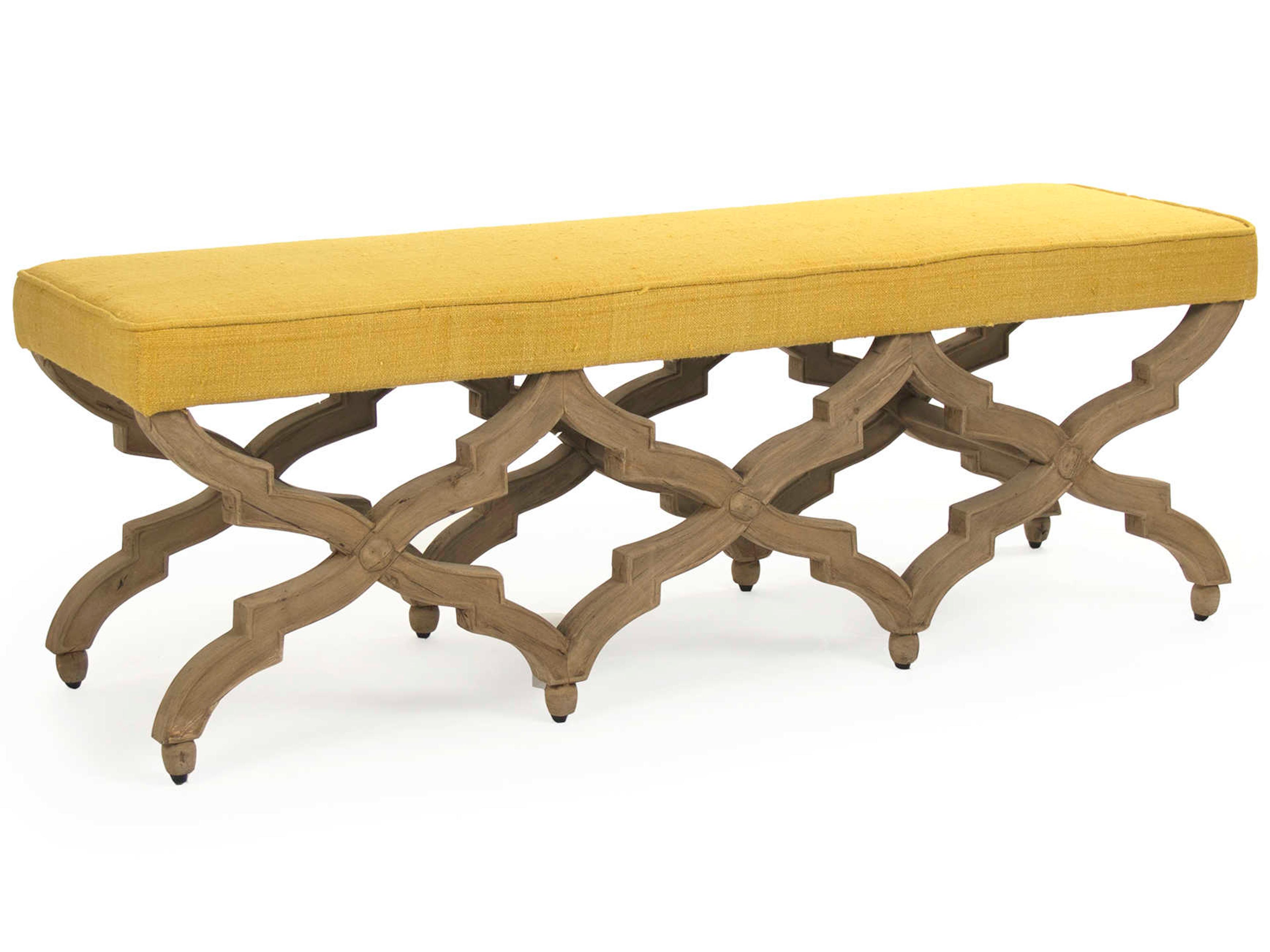 Natural Yellow Raw Silk Upholstered Accent Bench