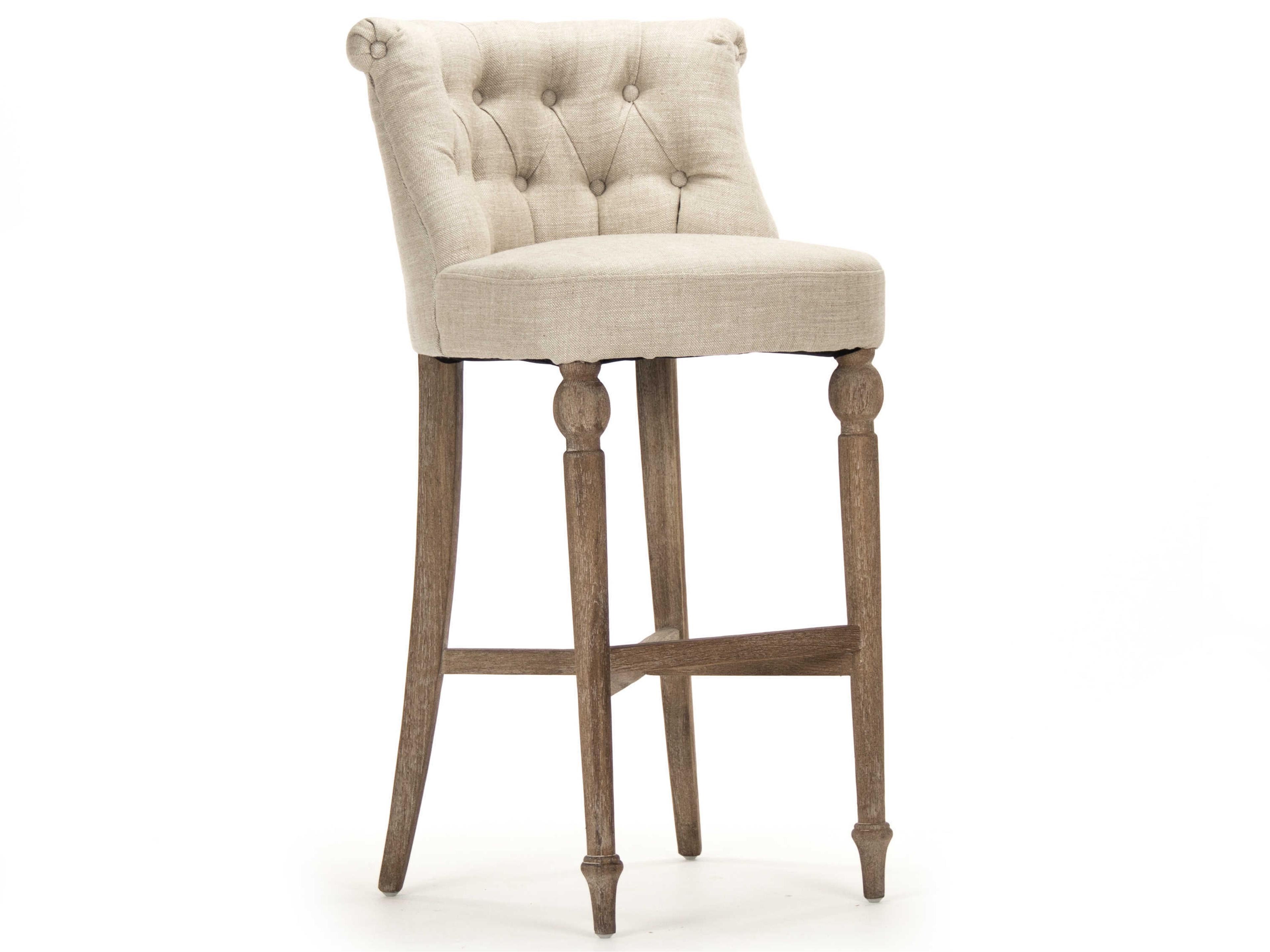 Upholstered Oak Wood Cream Natural Linen Bar Stool