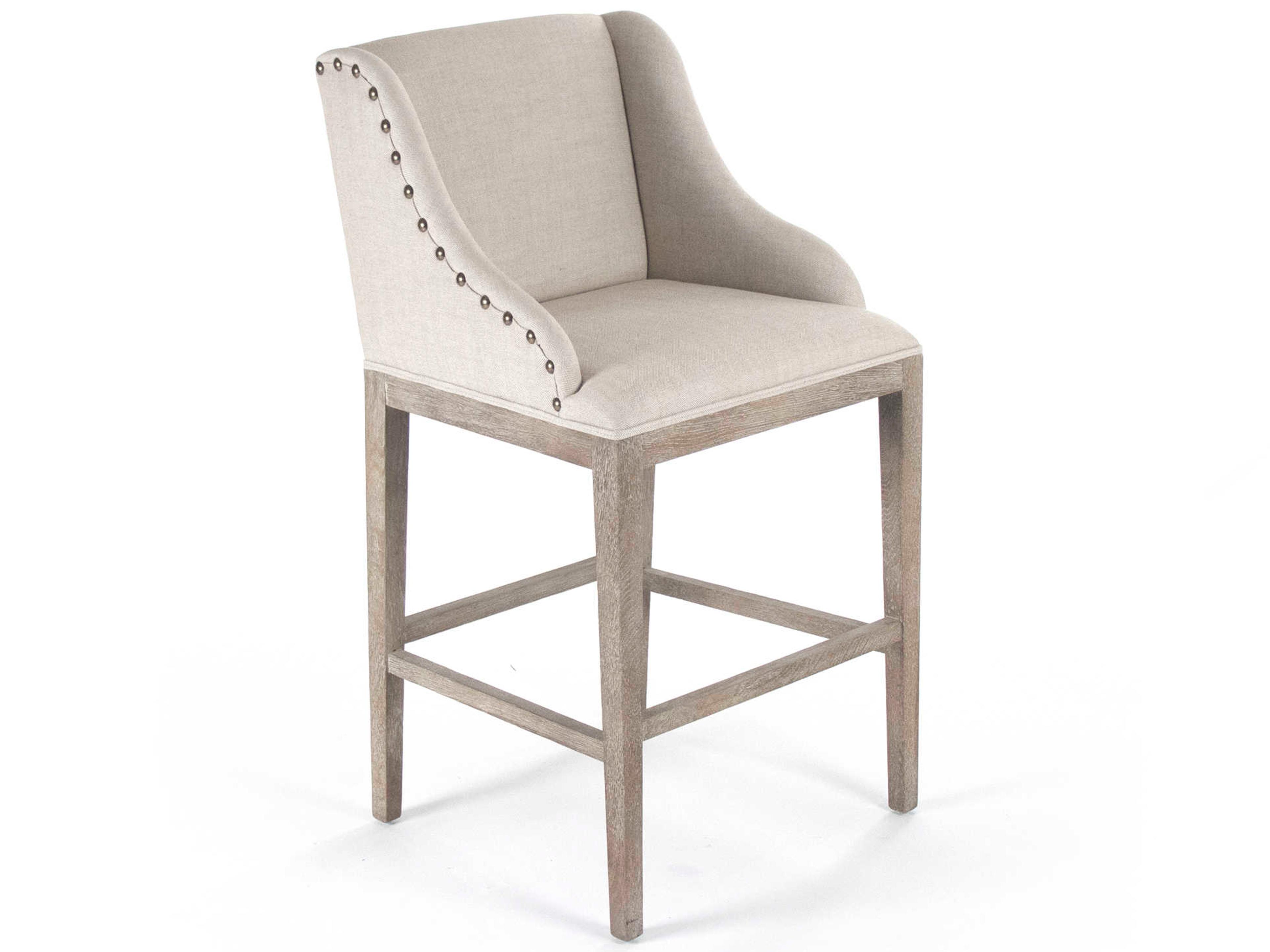 Upholstered Oak Wood Natural Linen Bar Stool