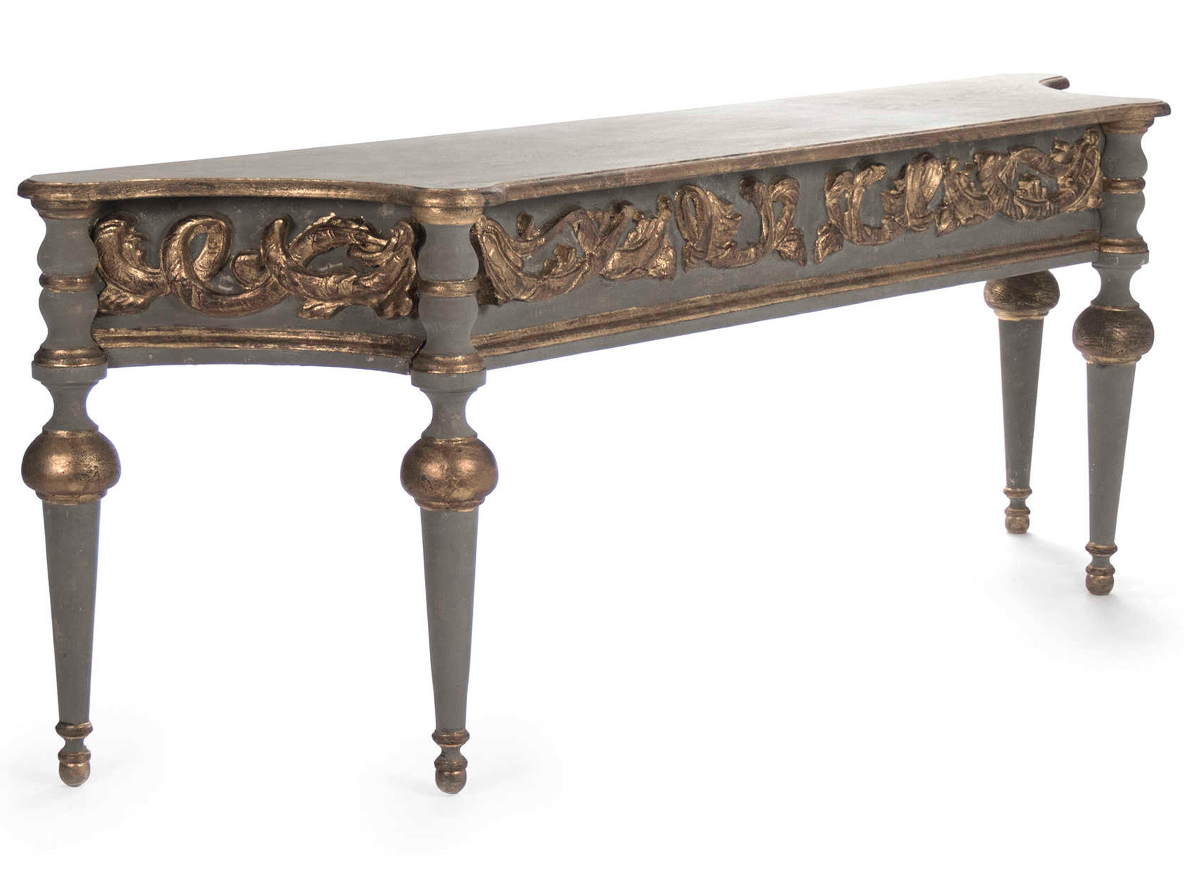 Demilune Wood Olive Grey Gold Leaf Details Console Table