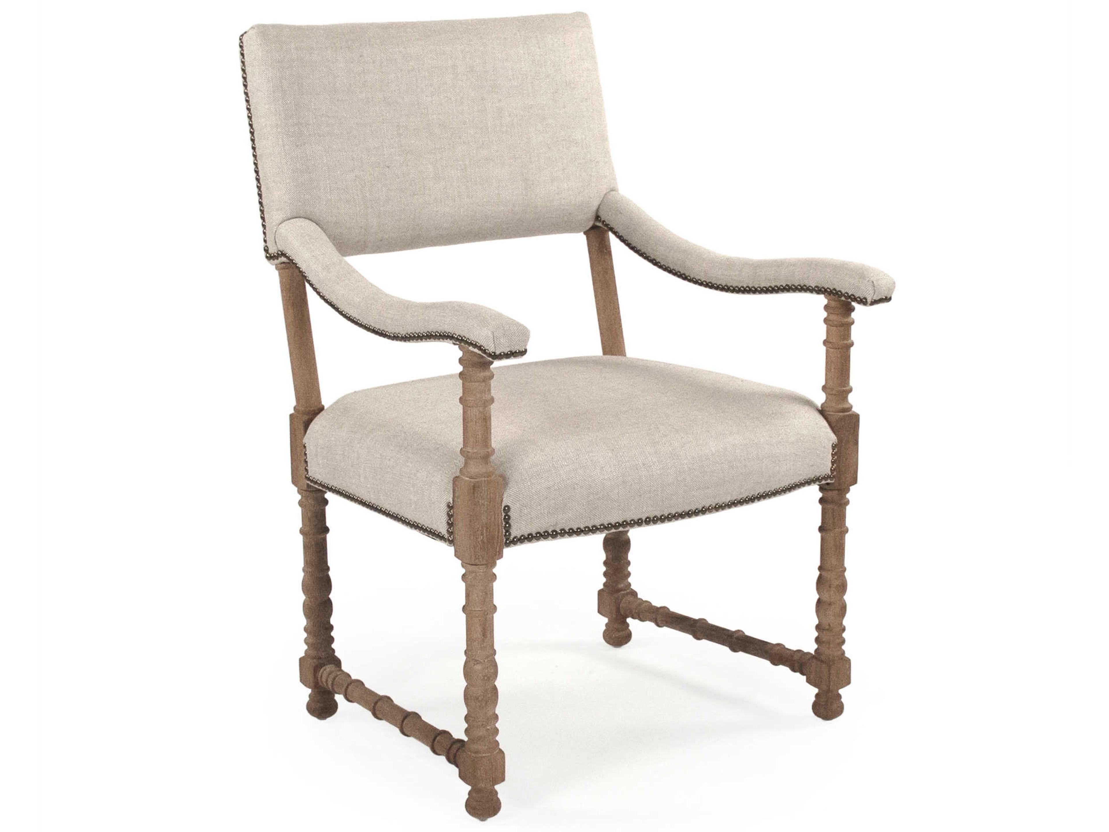 Oak Wood Beige Upholstered Arm Dining Chair