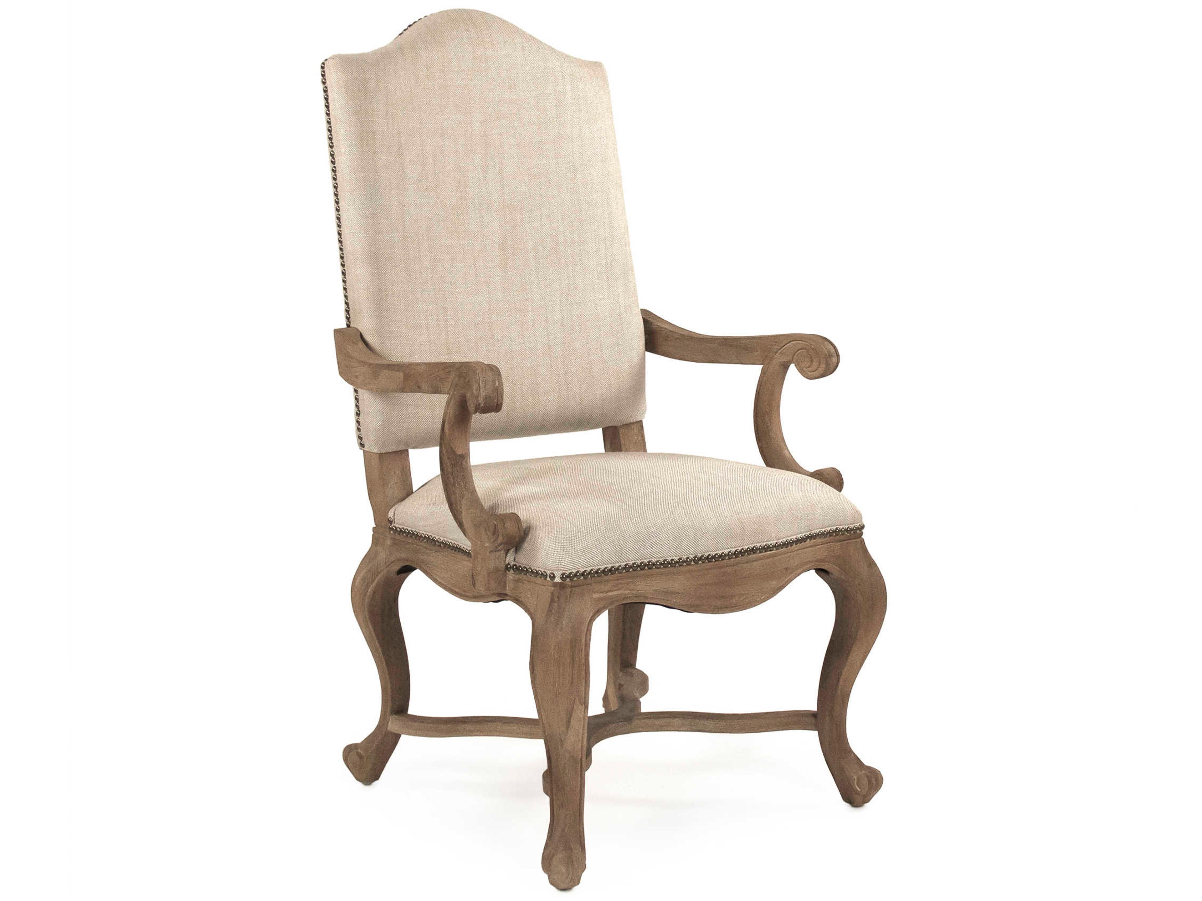 Zentique Oak Wood White Upholstered Arm Dining Chair