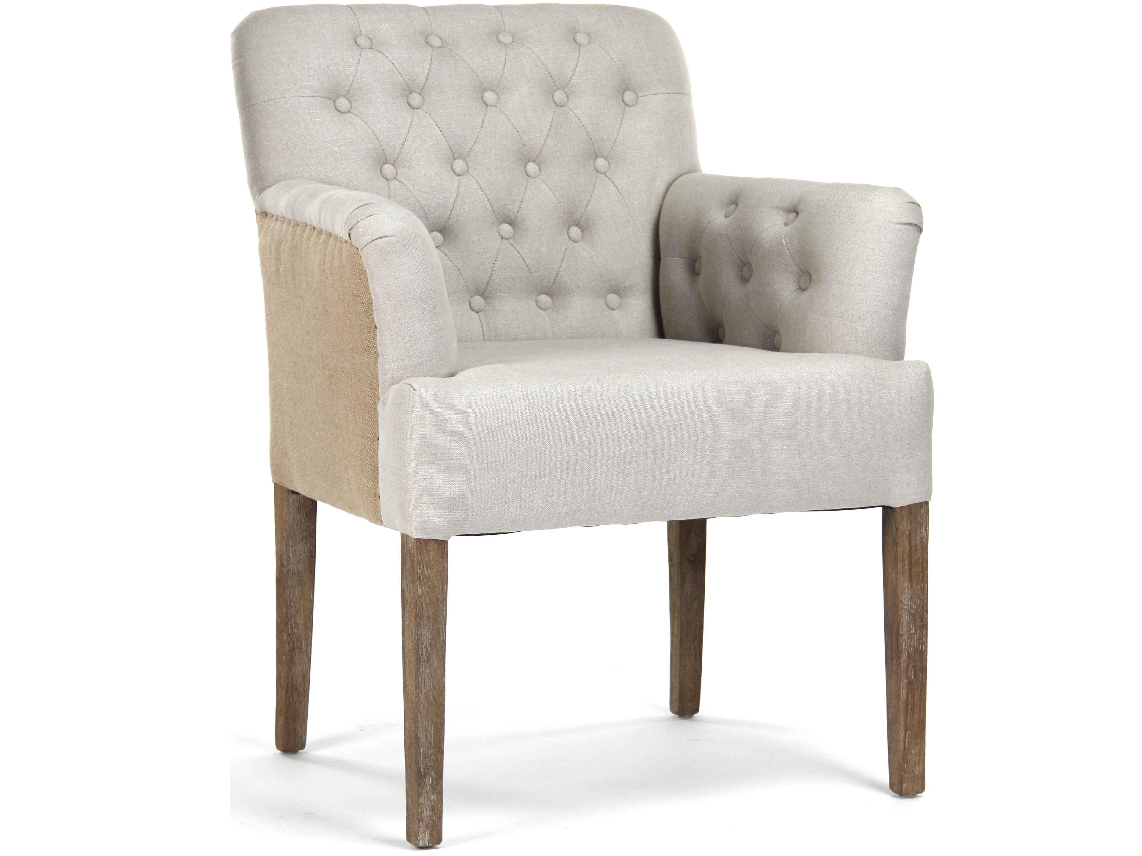 Zentique Barrois Oak Wood Gray Upholstered Arm Dining Chair