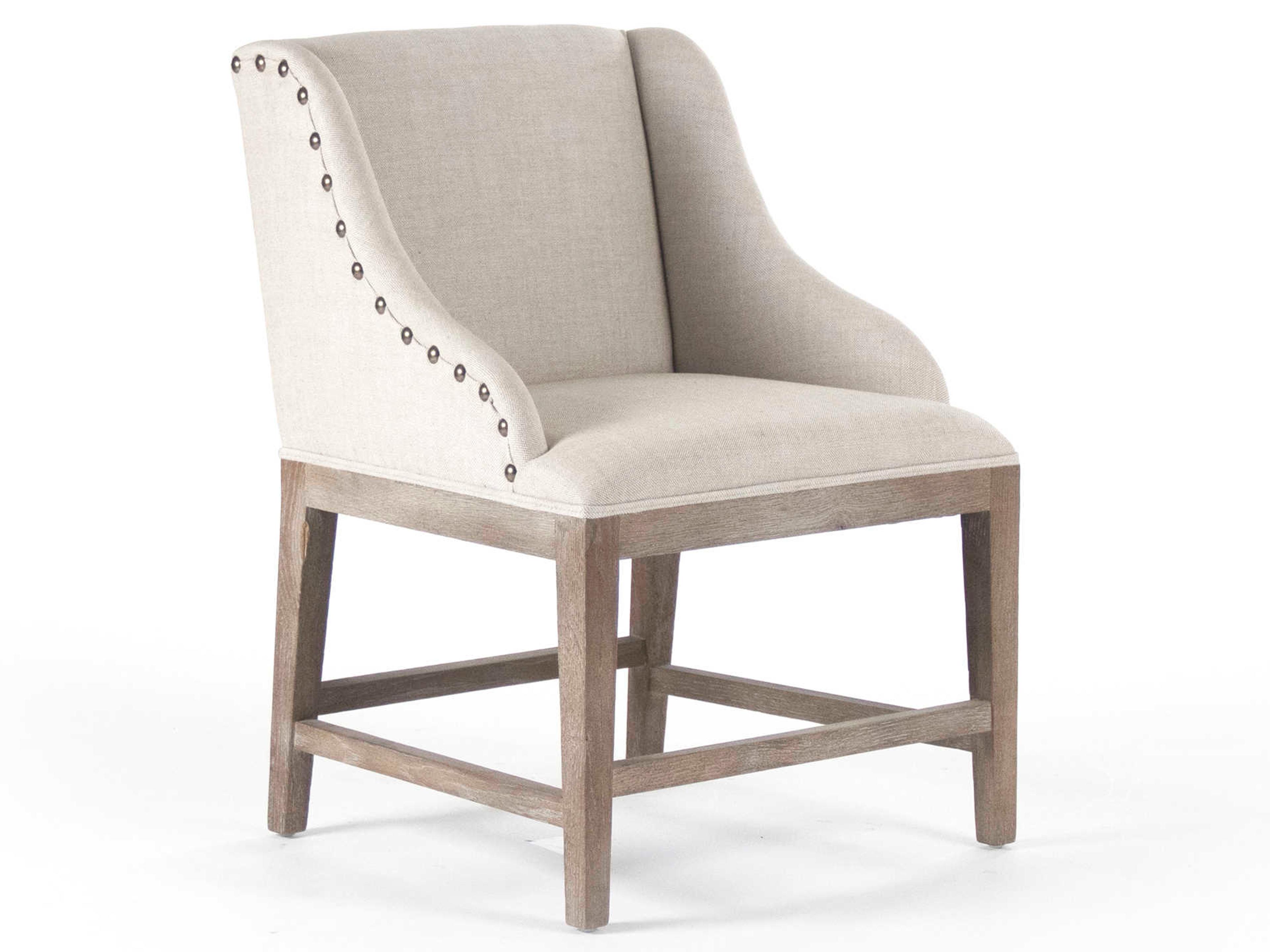 Oak Wood Beige Upholstered Arm Dining Chair