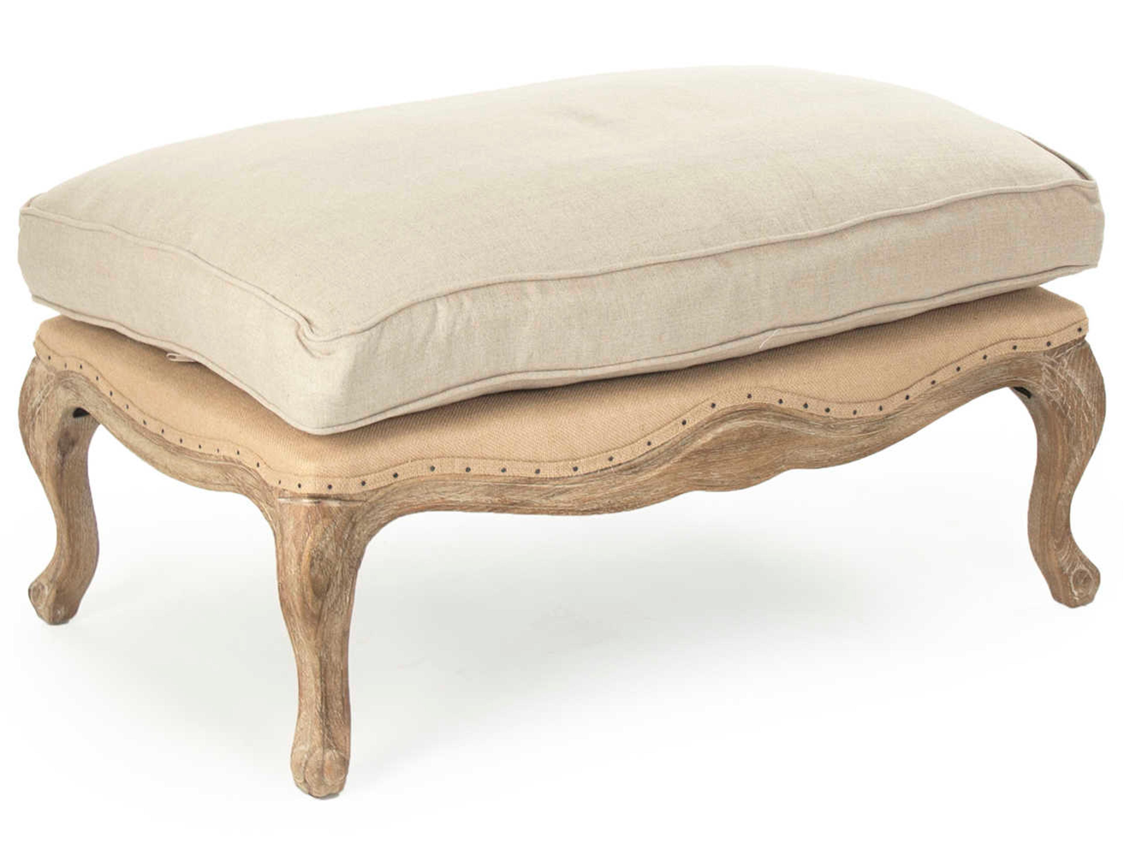 Zentique Natural Linen Jute Beige Upholstered Ottoman
