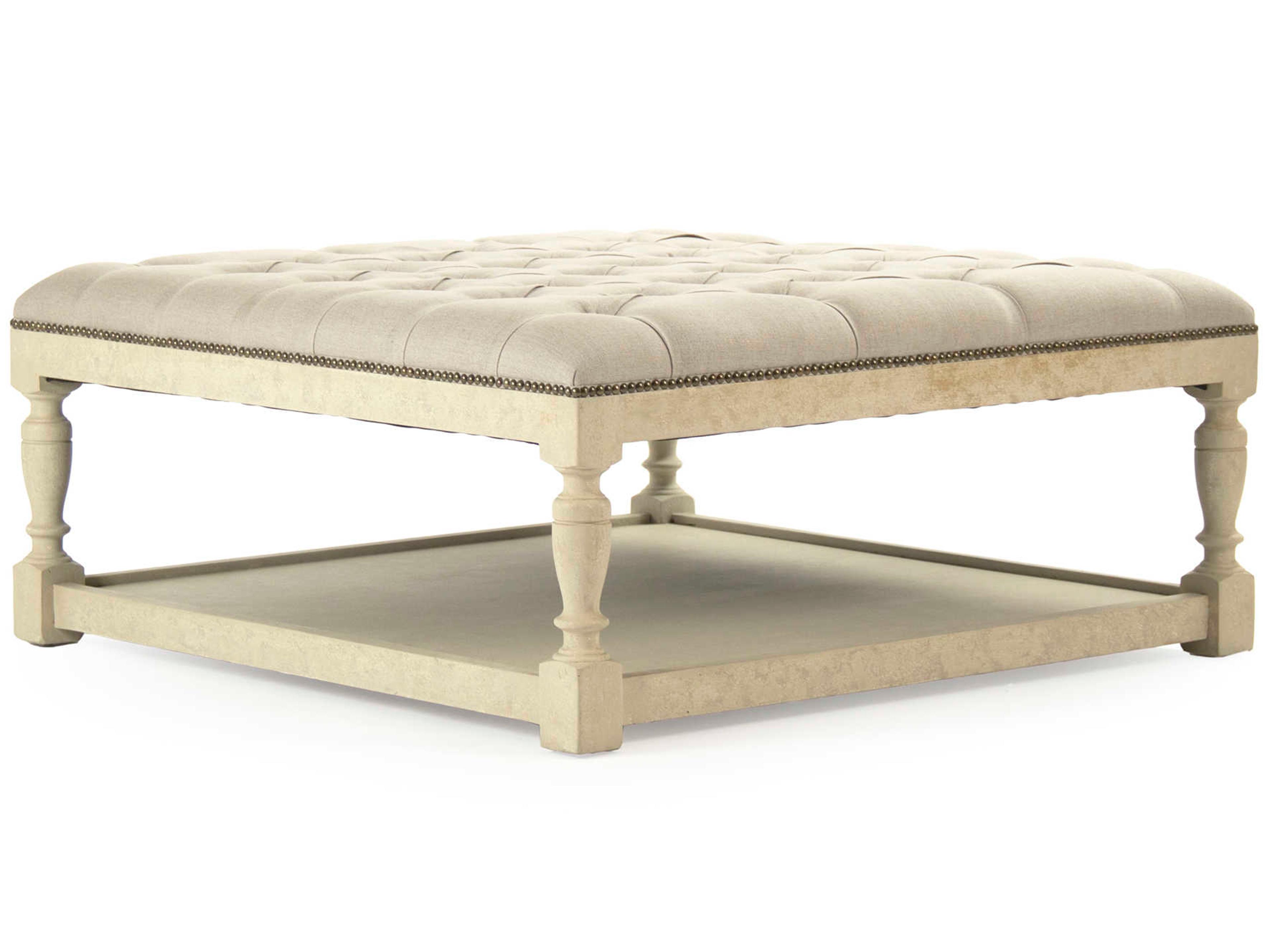Natural Linen Cream Upholstered Tufted Ottoman