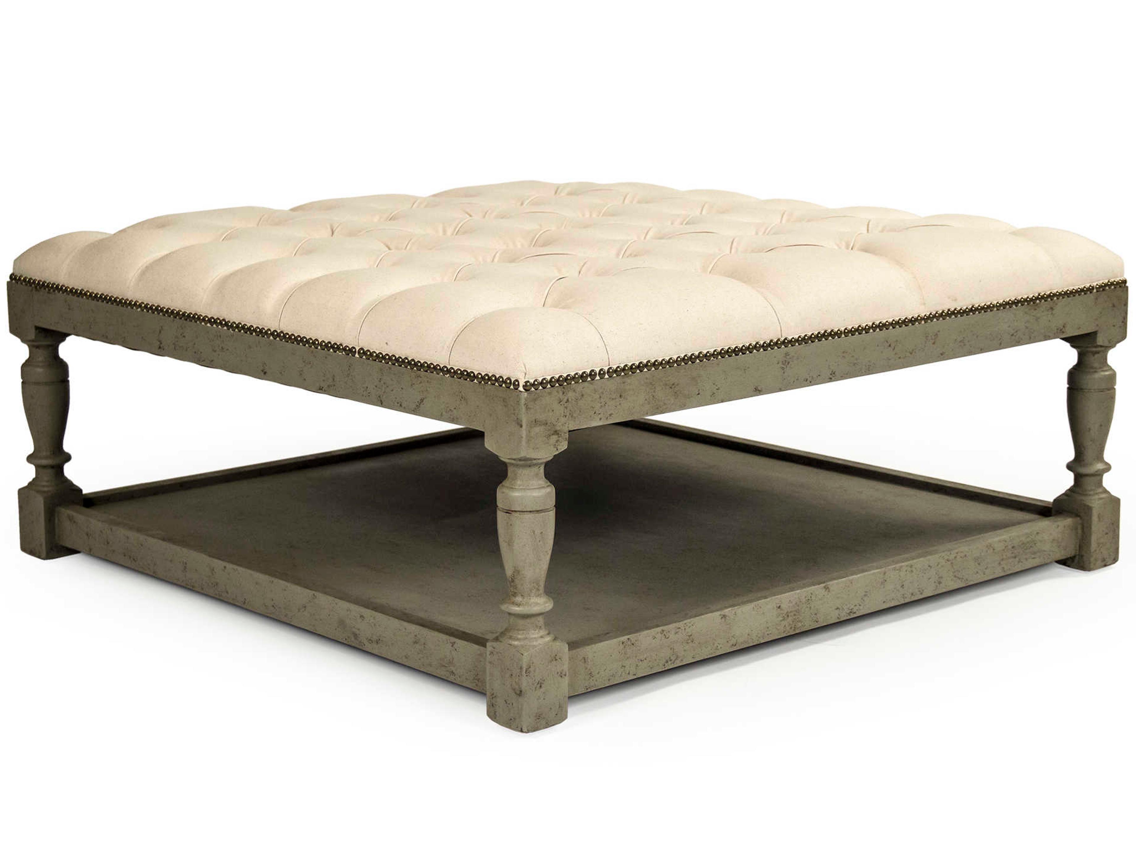 Cream Linen Upholstered Tufted Ottoman