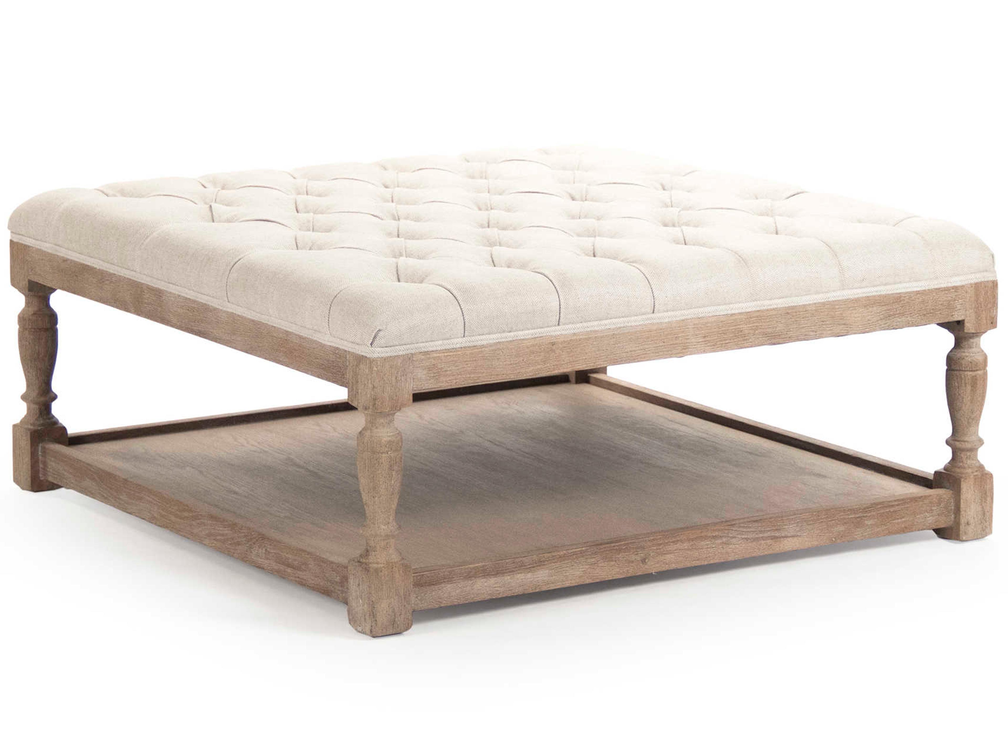 Zentique Cream Natural Linen Upholstered Tufted Ottoman