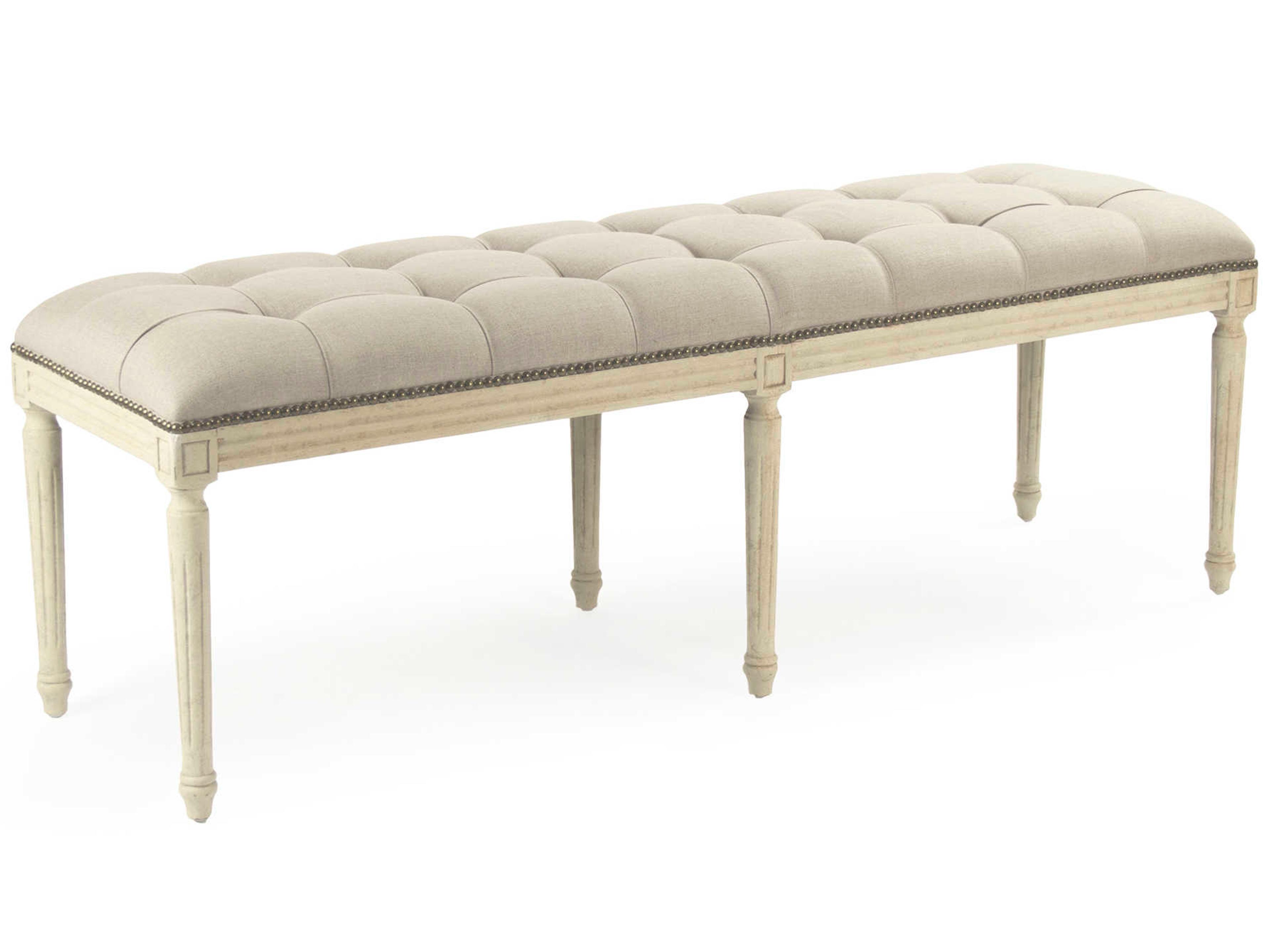 Louis Natural Linen White Upholstered Accent Bench