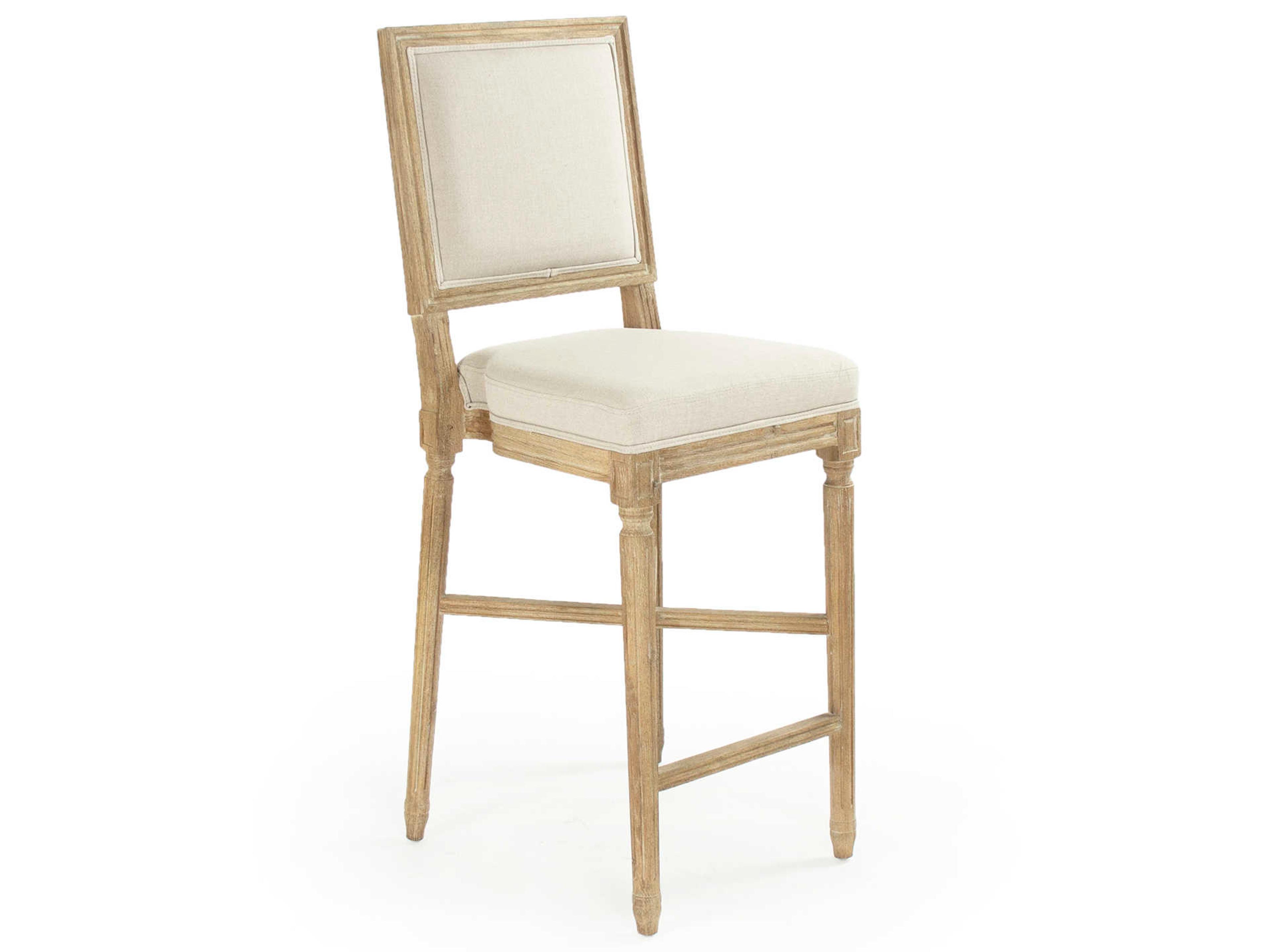Louis Upholstered Oak Wood Natural Linen Bar Stool