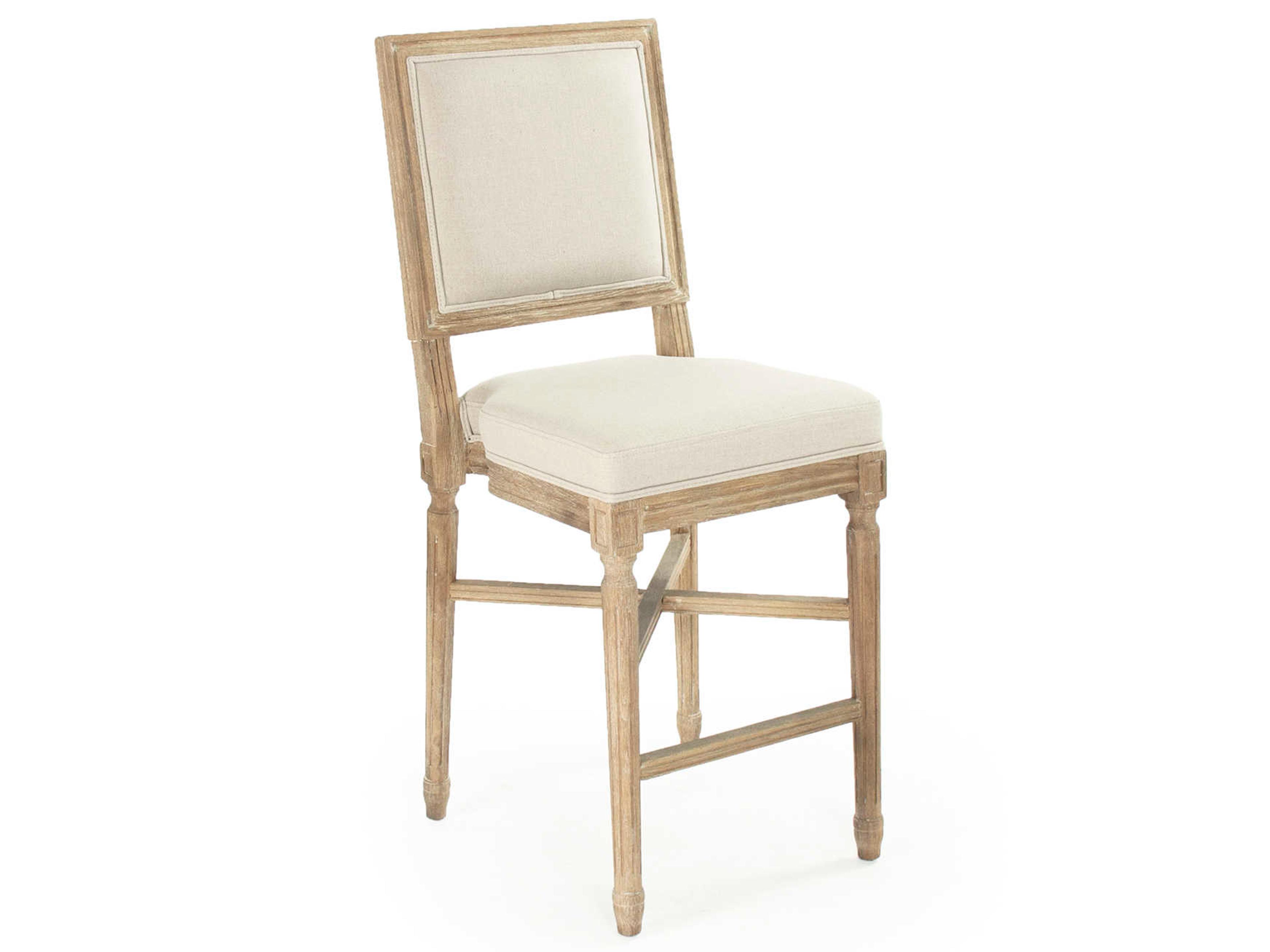 Louis Upholstered Oak Wood Natural Linen Counter Stool