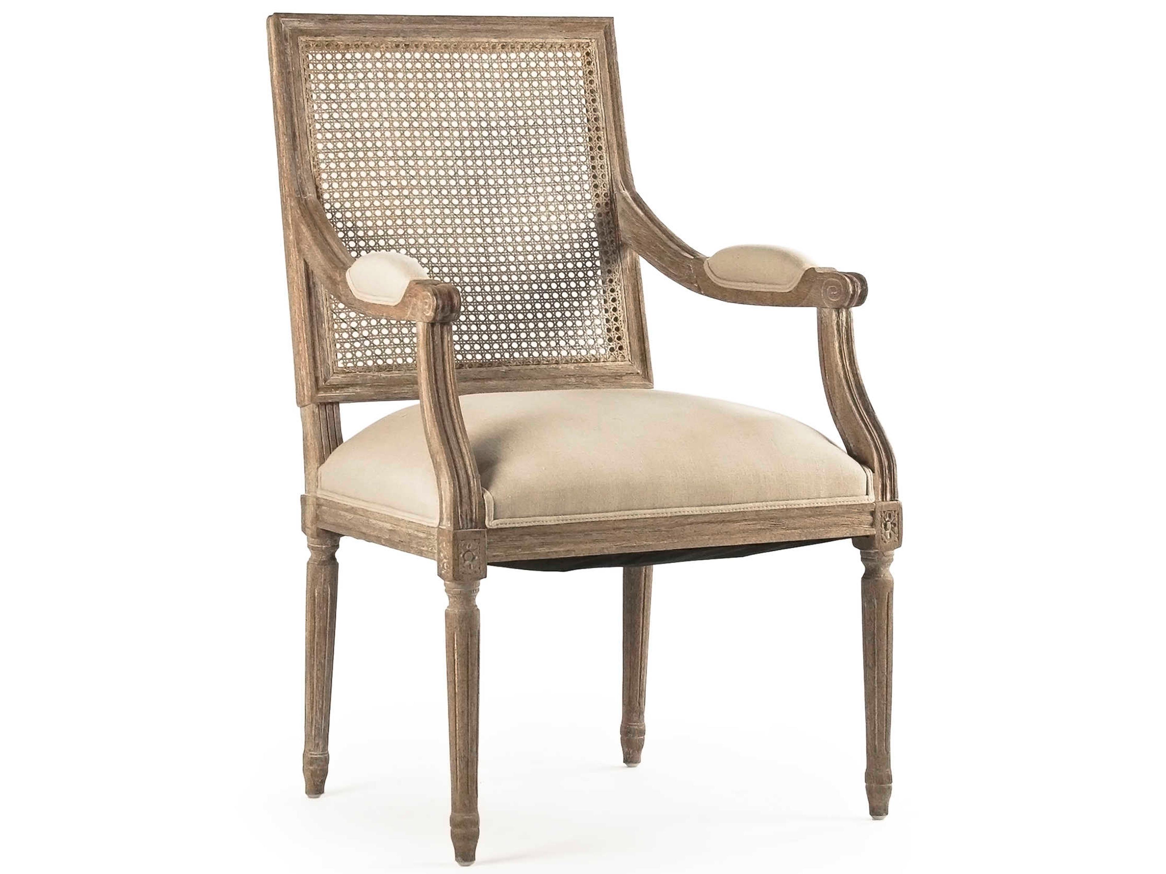 Zentique Louis Oak Wood Beige Upholstered Arm Dining Chair