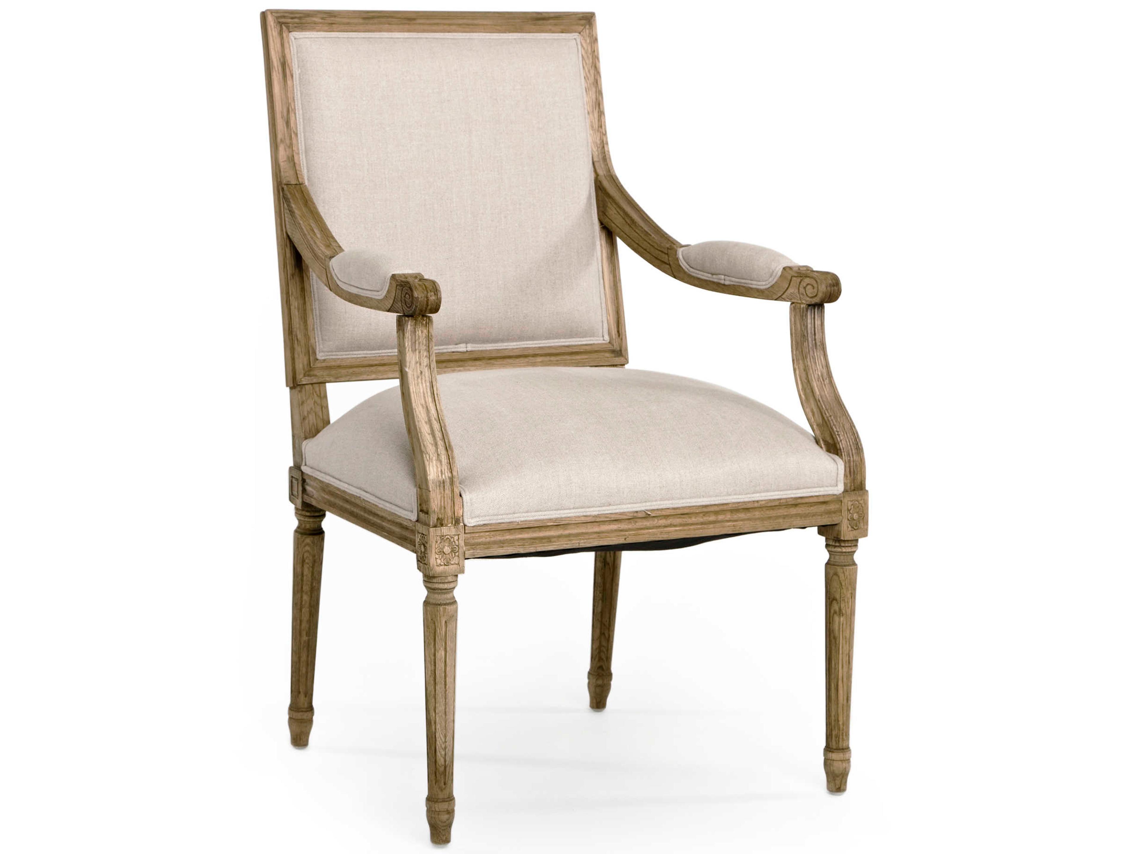 Zentique Louis Oak Wood Beige Upholstered Arm Dining Chair