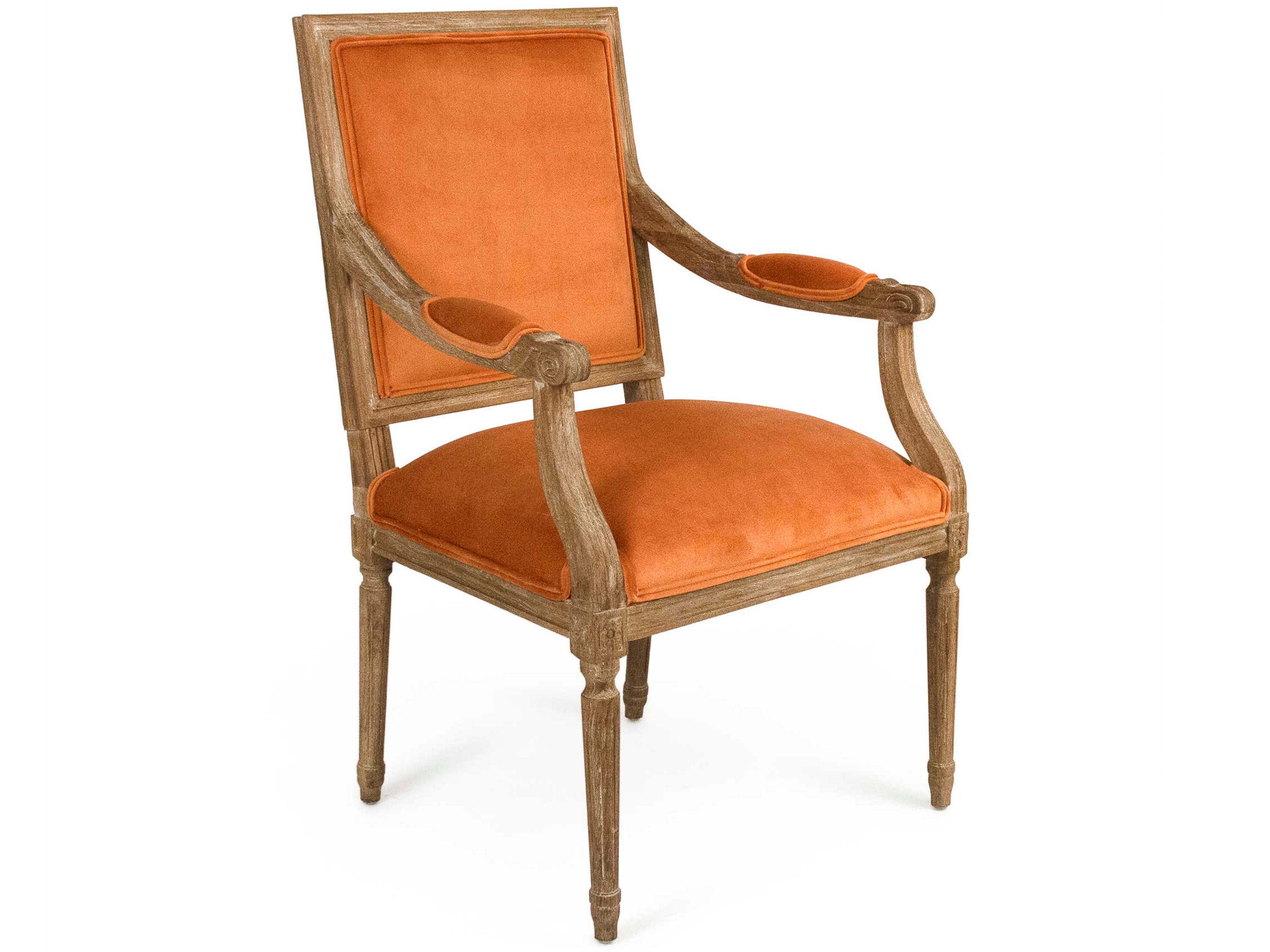 Zentique Louis Oak Wood Orange Upholstered Arm Dining Chair