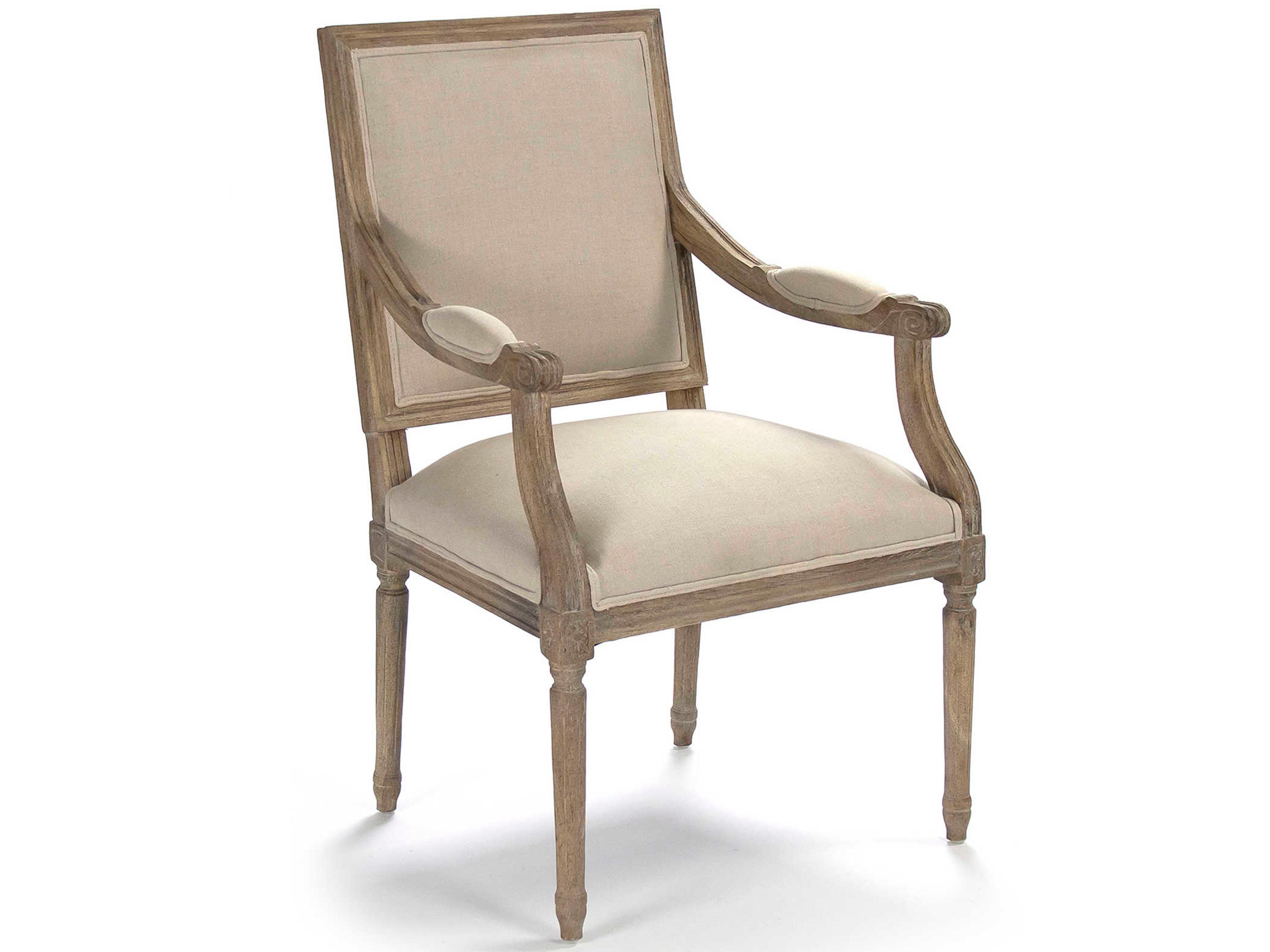 Zentique Louis Oak Wood Beige Upholstered Arm Dining Chair
