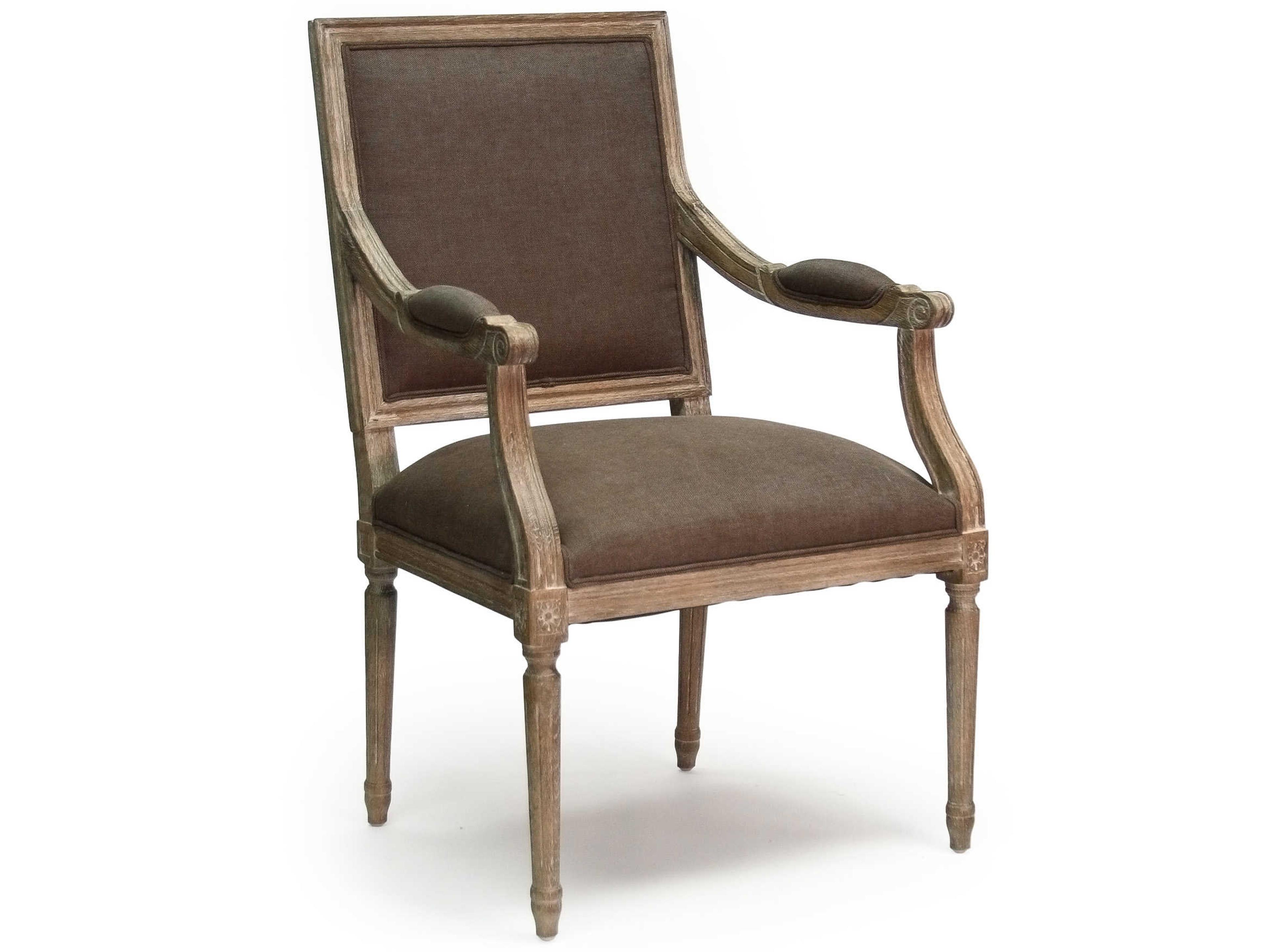 Zentique Louis Oak Wood Gray Upholstered Arm Dining Chair