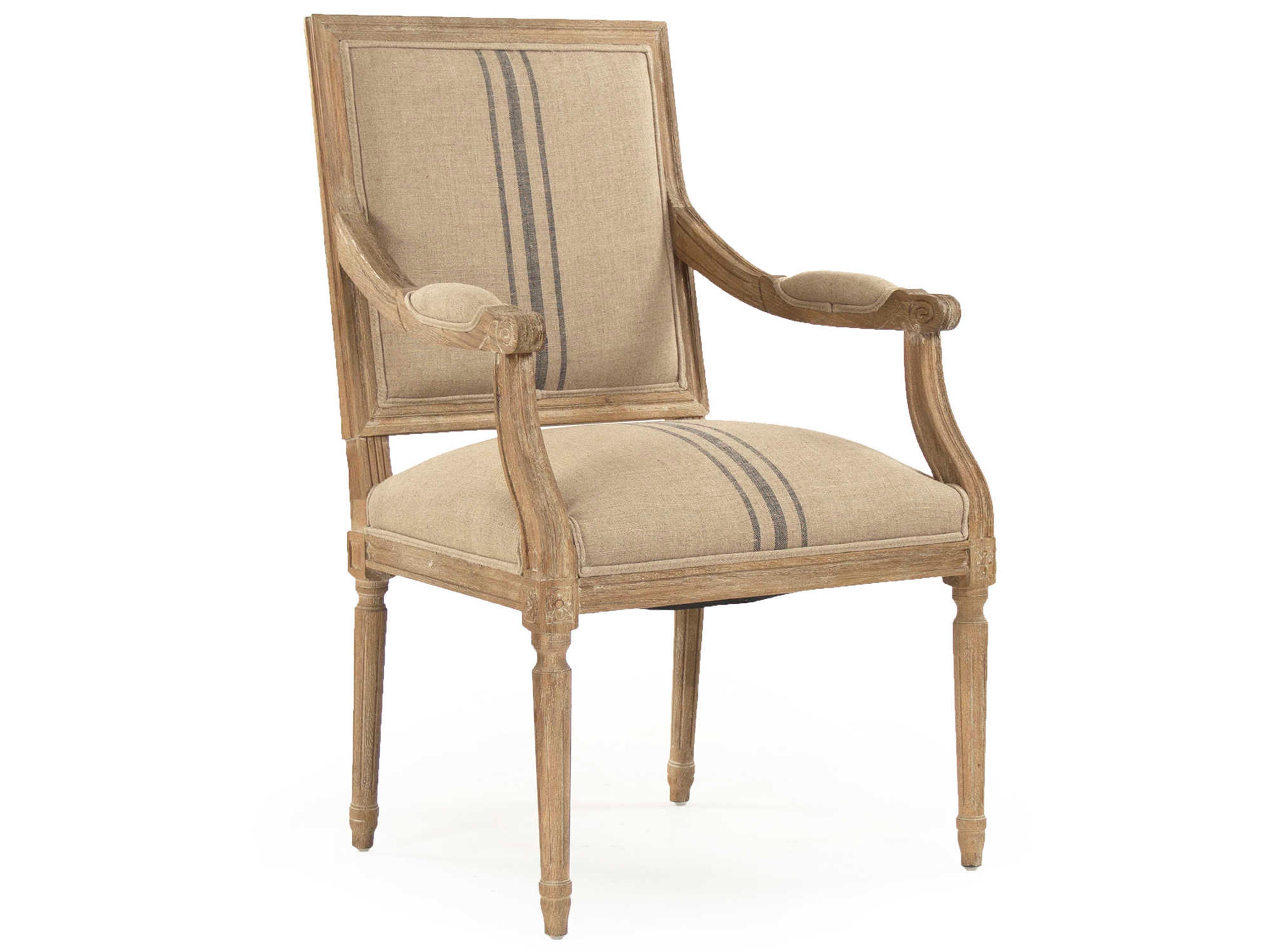 Louis Oak Wood Beige Upholstered Arm Dining Chair