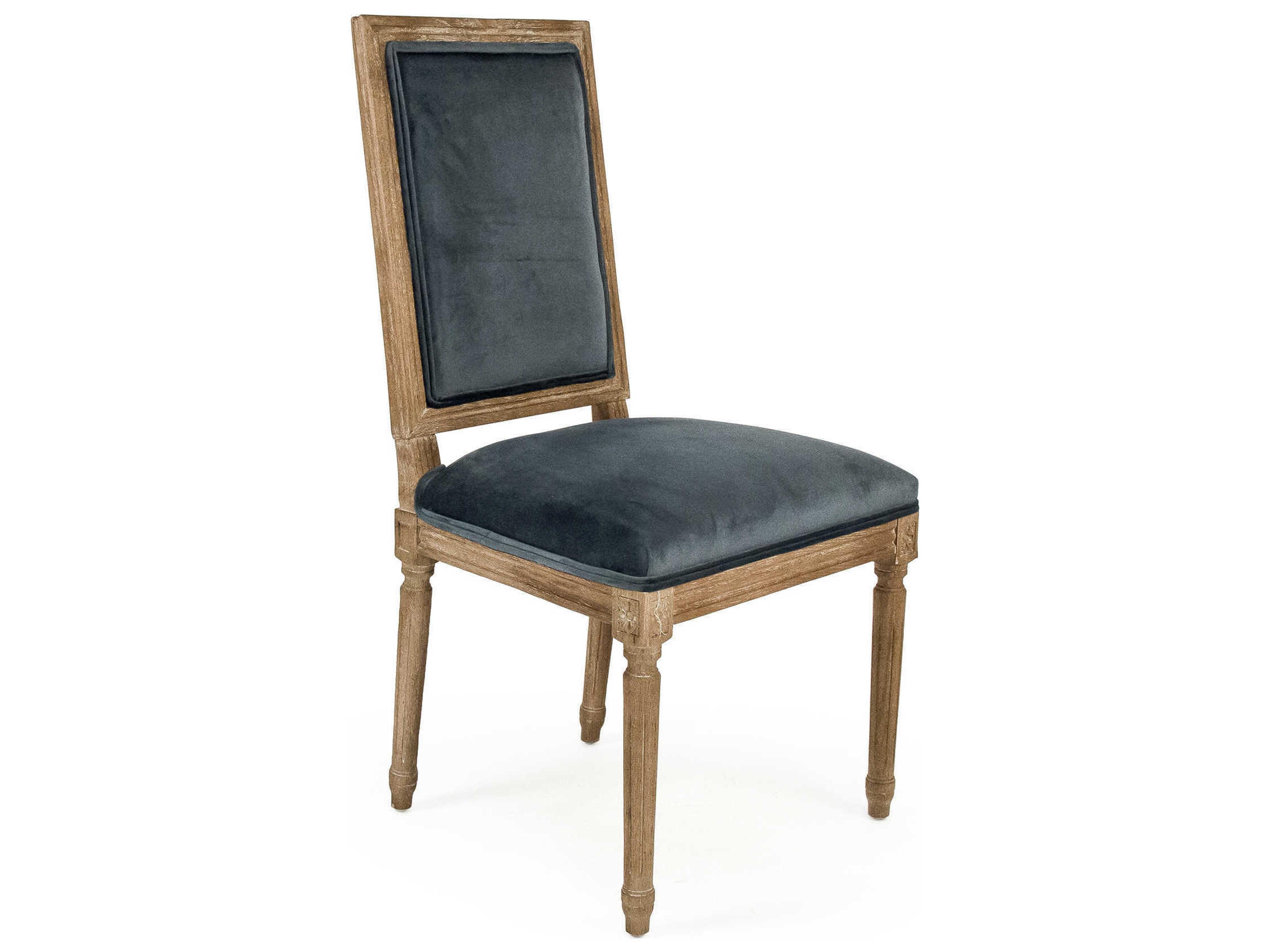 Louis Oak Wood Blue Upholstered Side Dining Chair