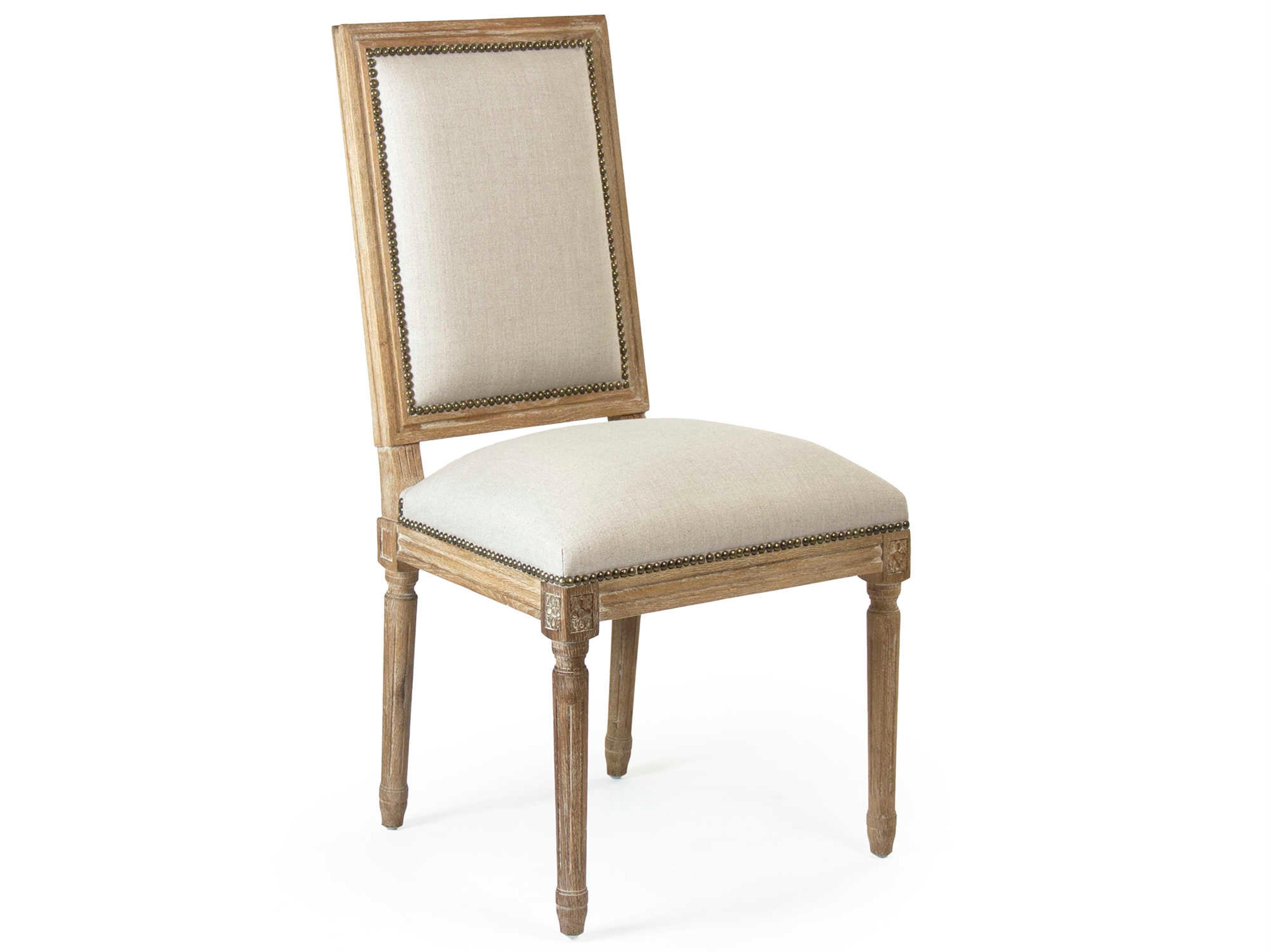 Zentique Louis Oak Wood Beige Upholstered Side Dining Chair