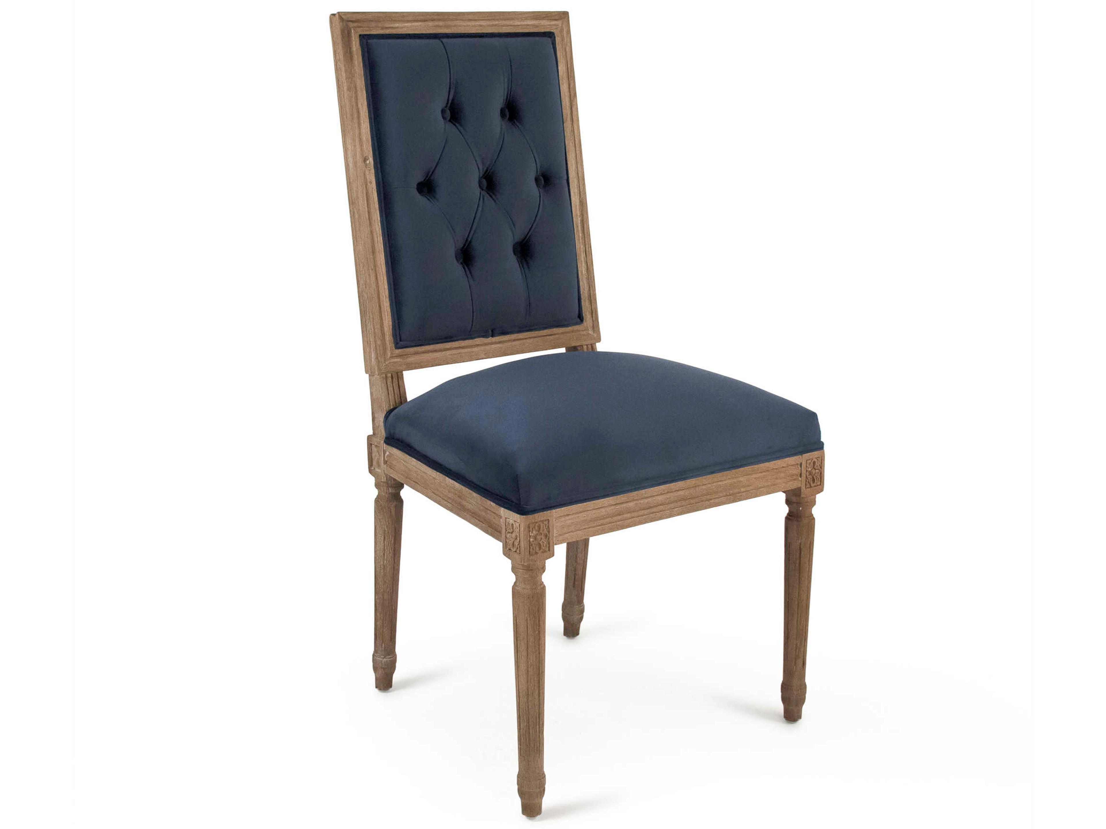 Louis Oak Wood Blue Upholstered Side Dining Chair