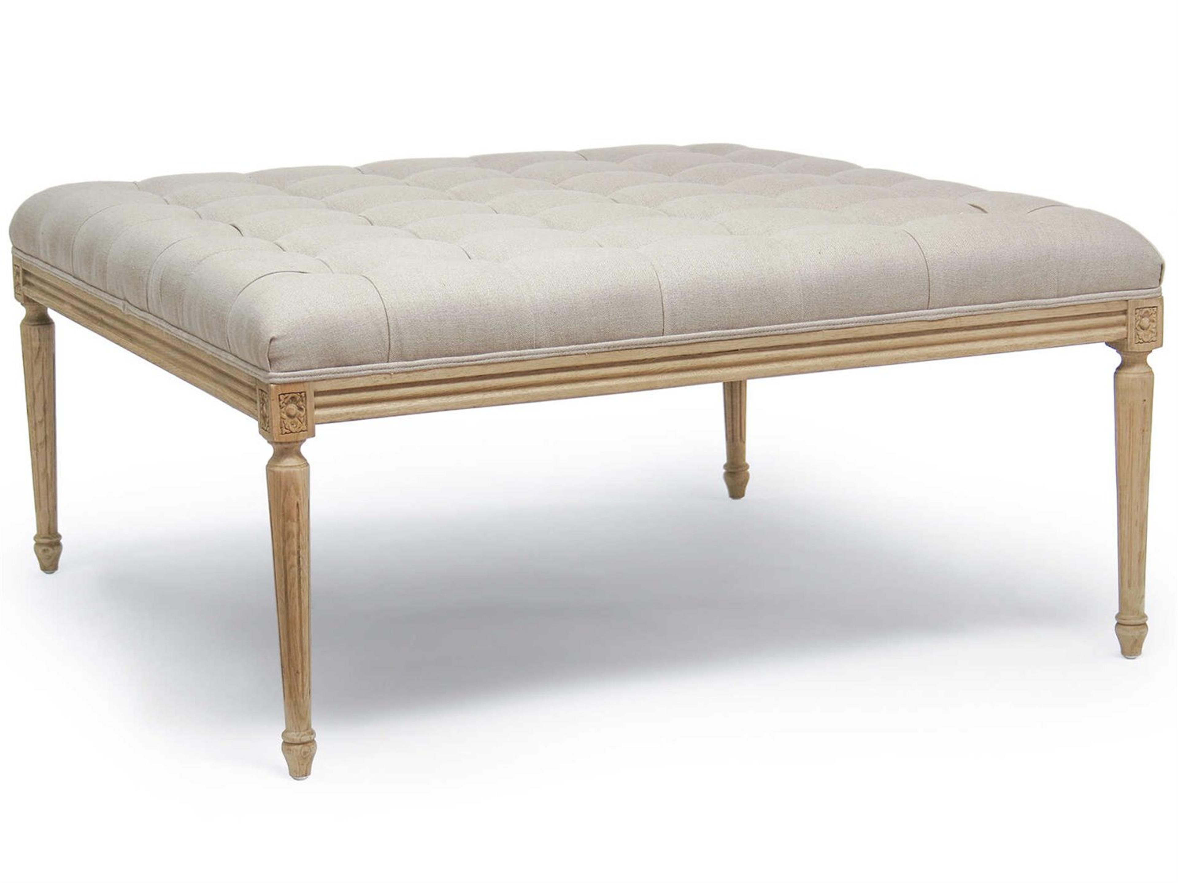 Louis Natural Linen White Upholstered Tufted Ottoman