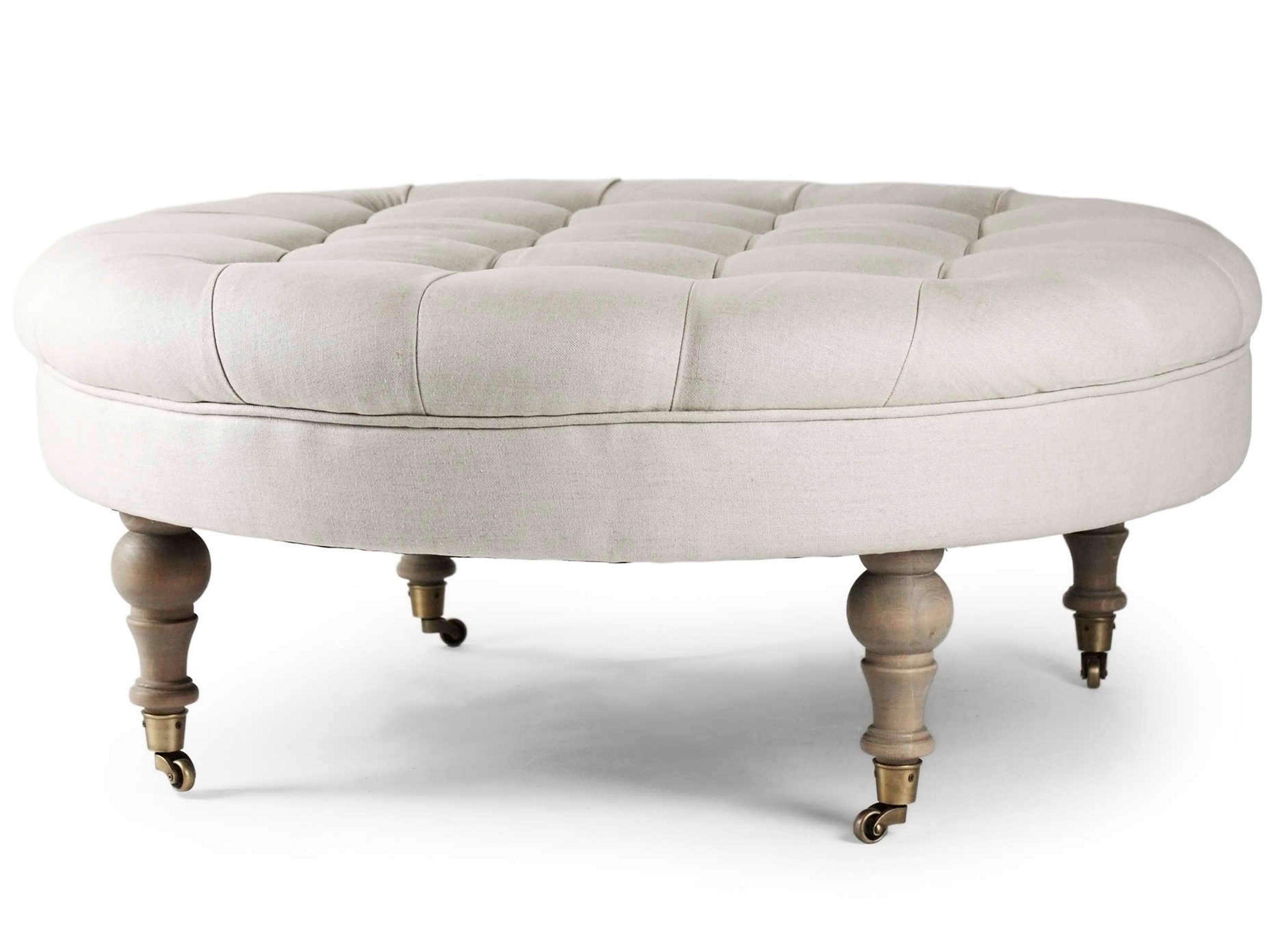 Maison Natural Linen White Upholstered Tufted Ottoman