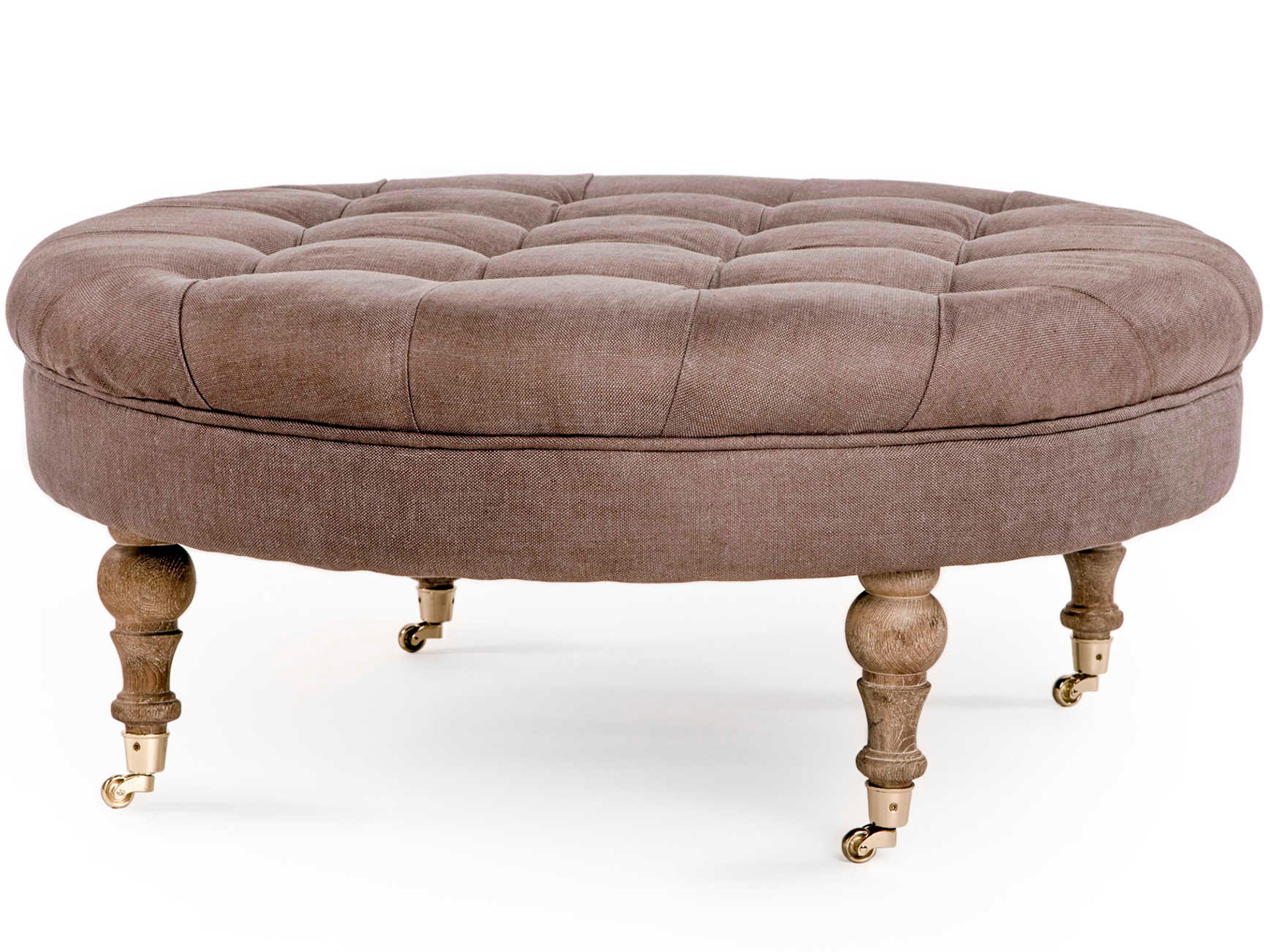 Maison Aubergine Linen Brown Upholstered Tufted Ottoman