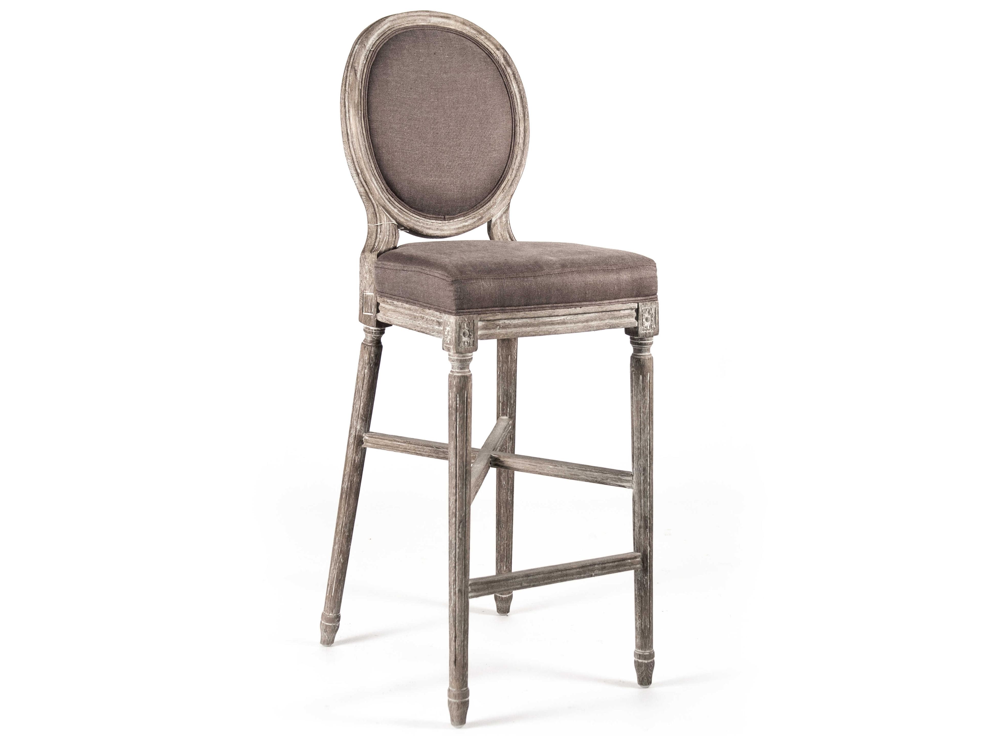 Medallion Upholstered Oak Wood Aubergine Linen Bar Stool