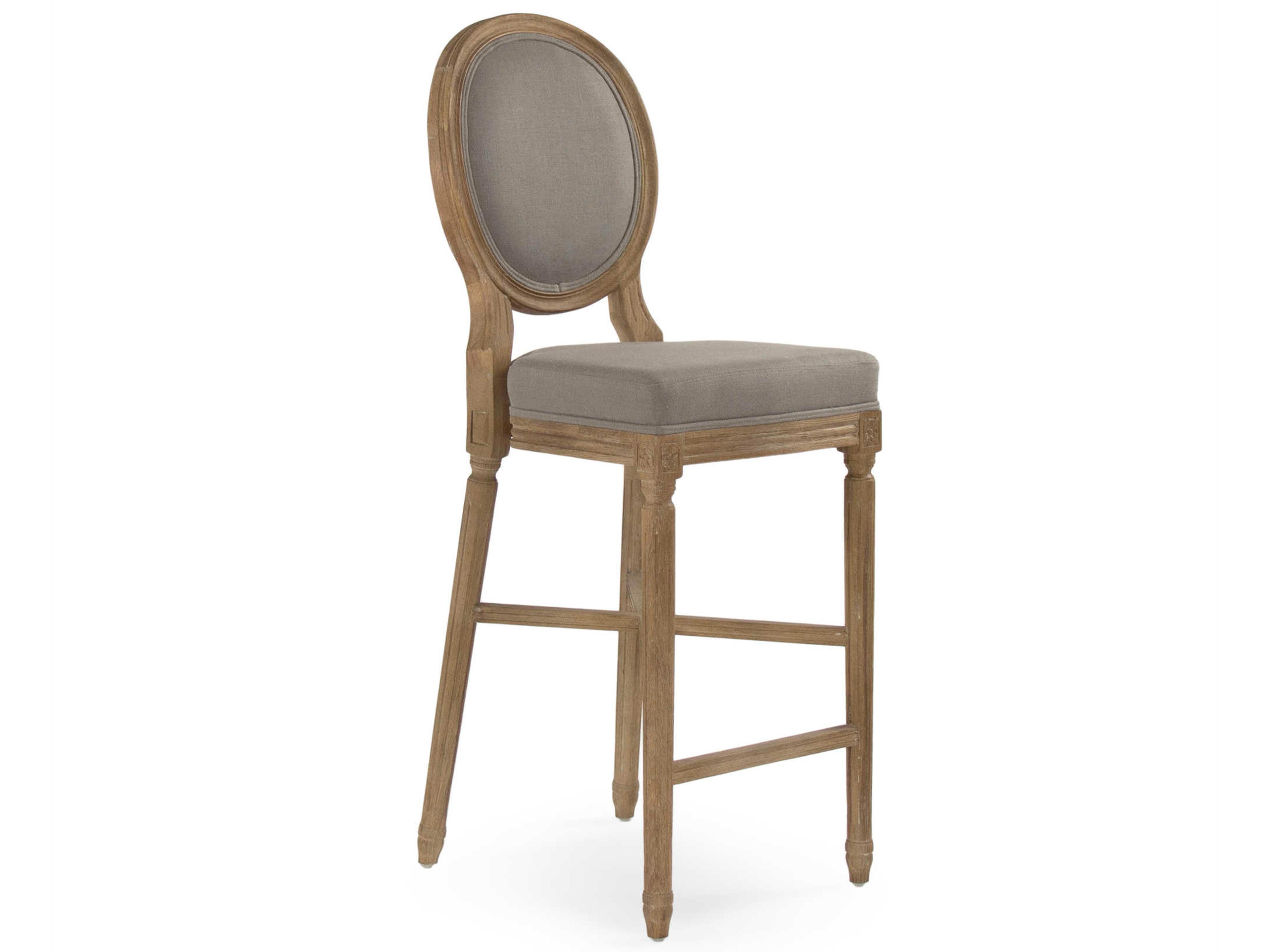 Medallion Upholstered Oak Wood Grey Linen Bar Stool