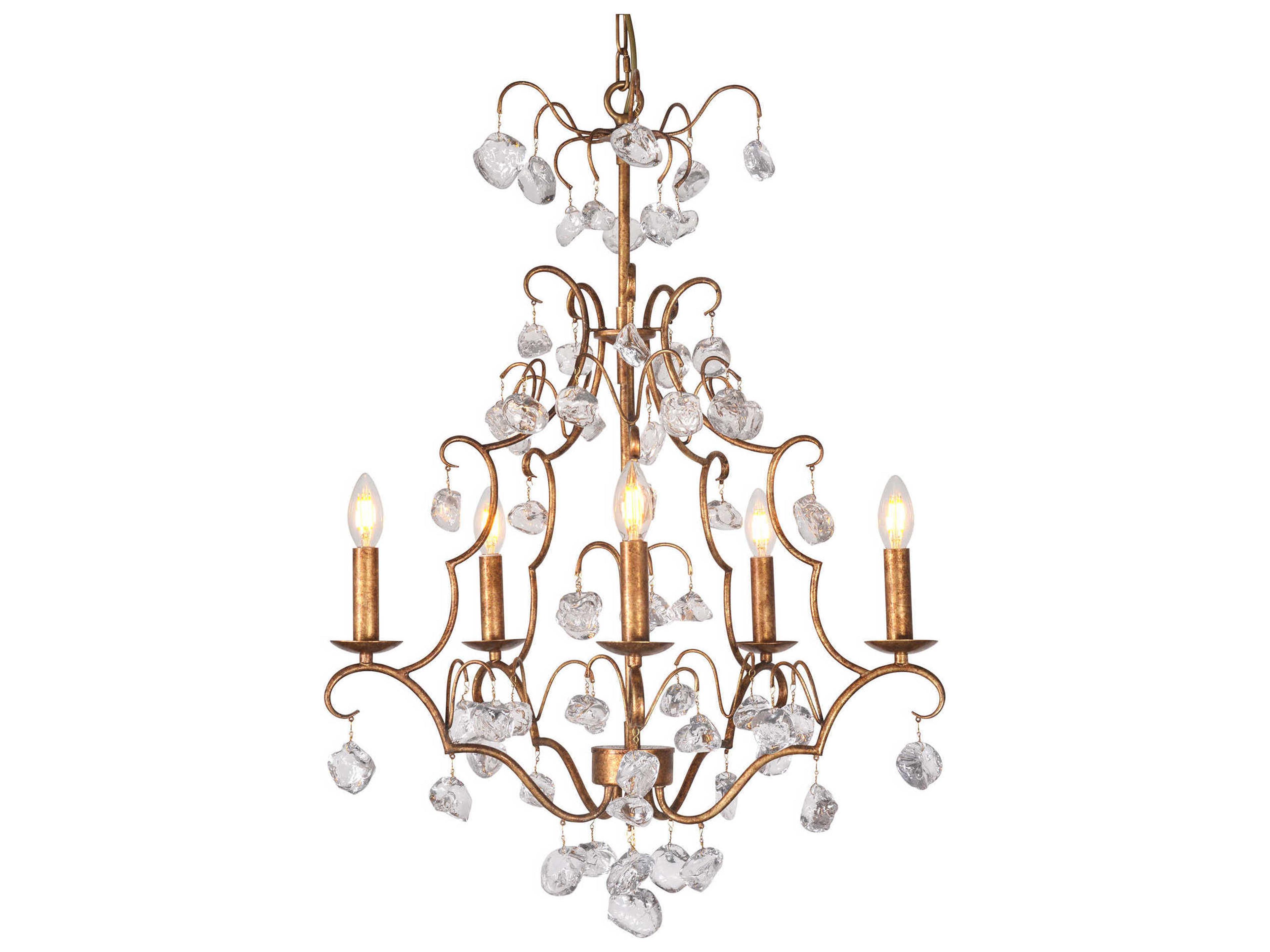 5-Light Gold Leaf Crystal Glass Candelabra Chandelier