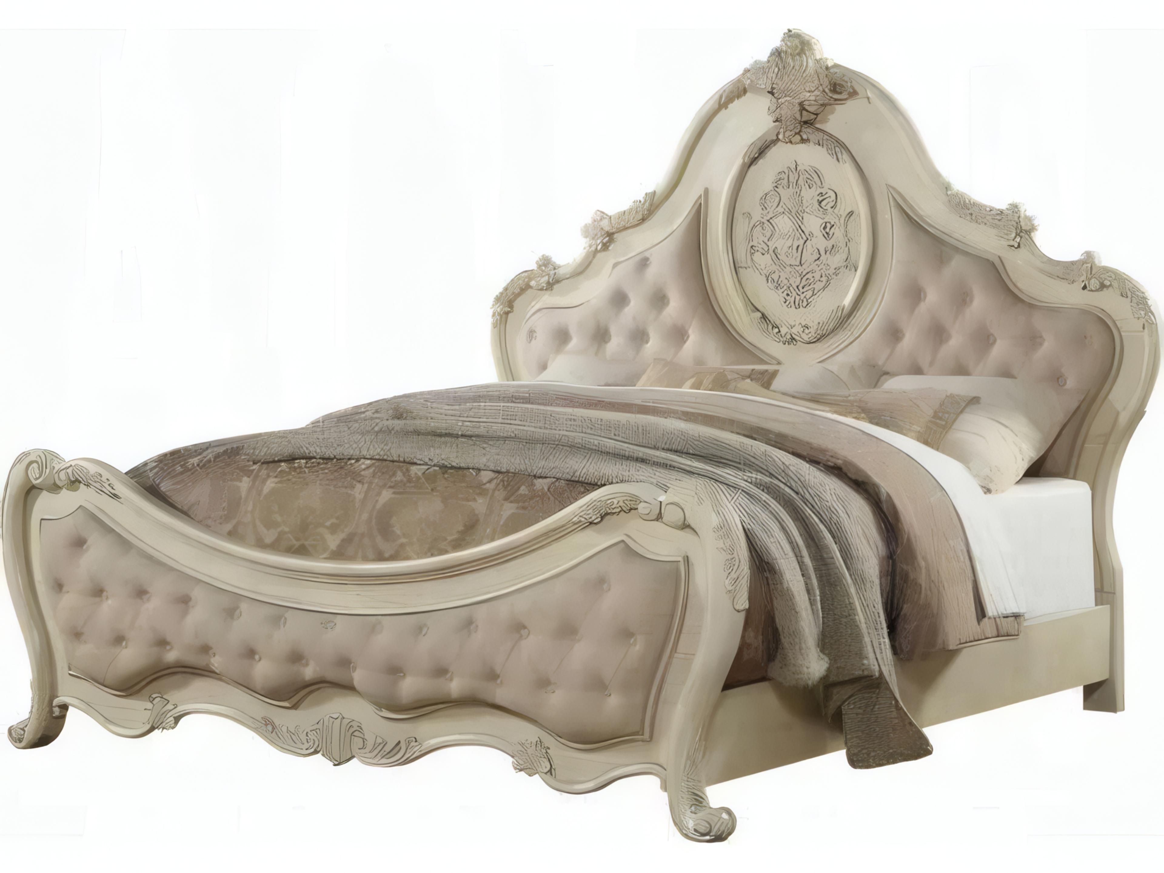 Acme Furniture Ragenardus Beige Linen Antique White Rubberwood Upholstered Queen Panel Bed