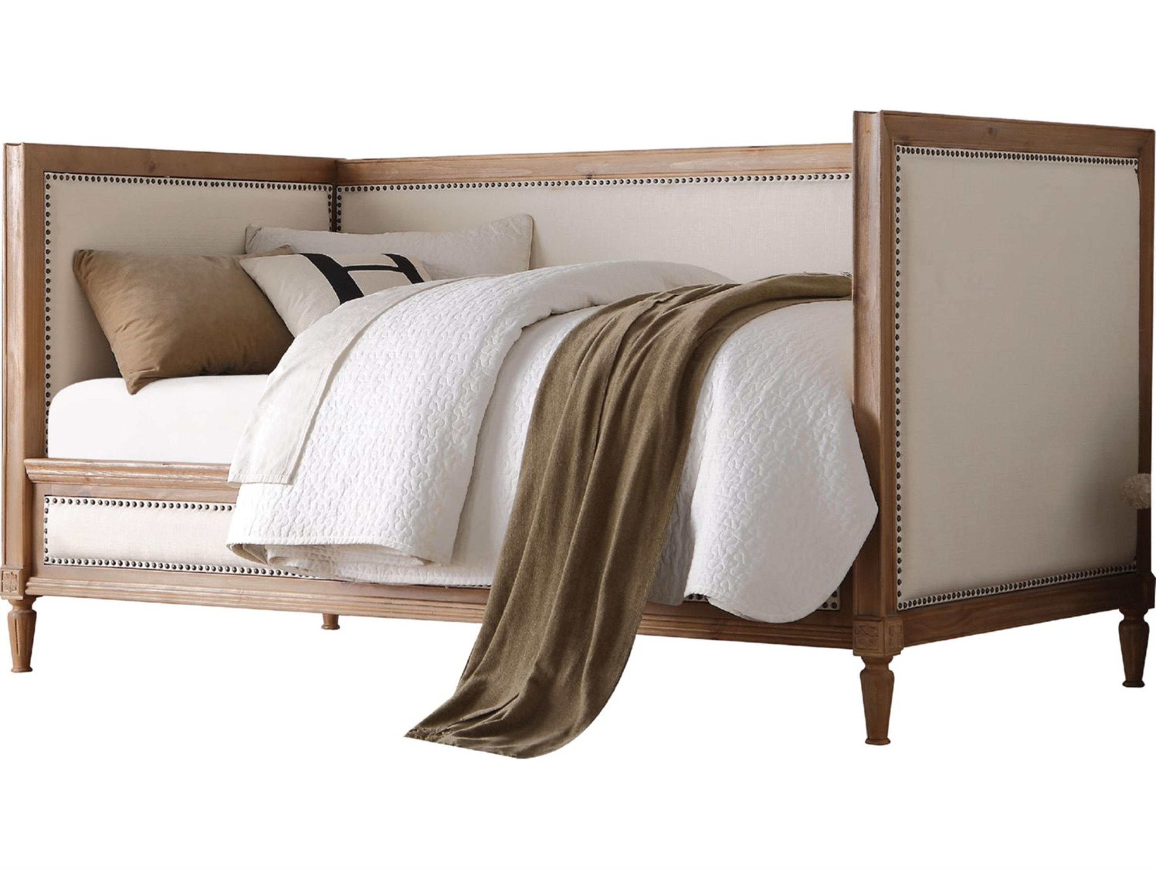 Acme Furniture Charlton Cream Linen Salvage Oak Beige Pine Wood Upholstered Twin Daybed Bed
