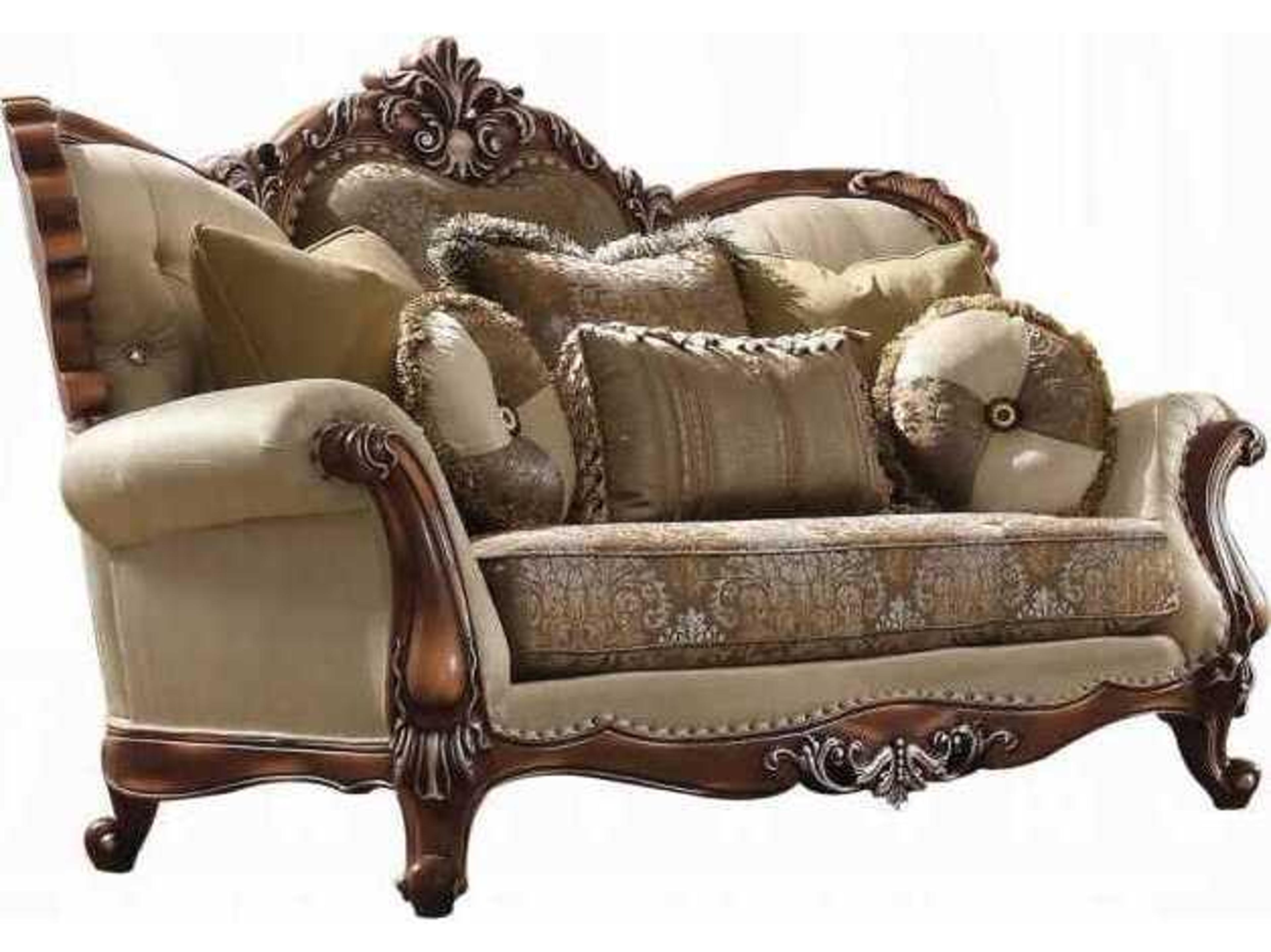 Acme Furniture Latisha Tan Pattern Fabric Antique Oak Upholstered Loveseat