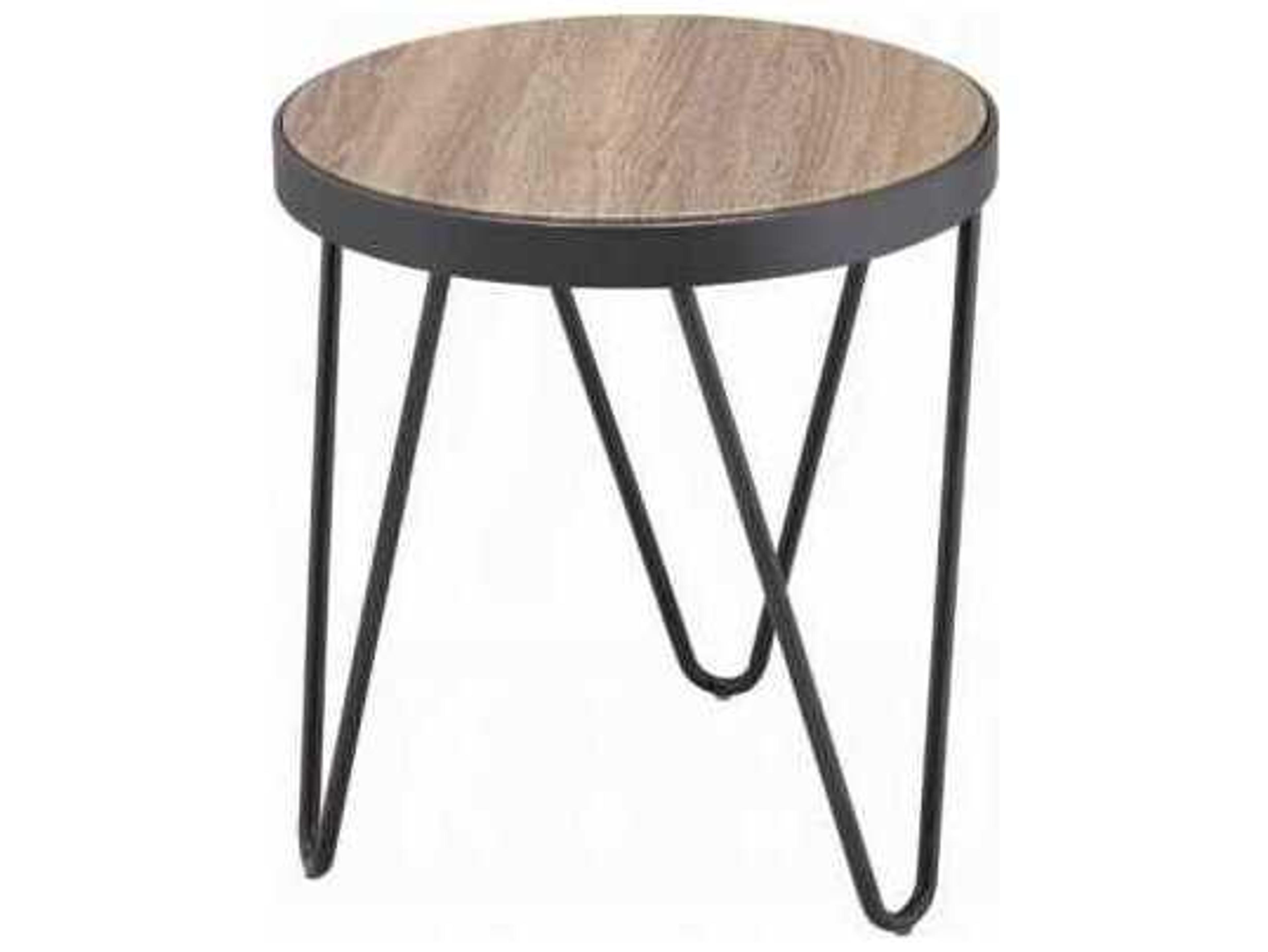Bage Round Wood Weathered Gray Oak Metal End Table
