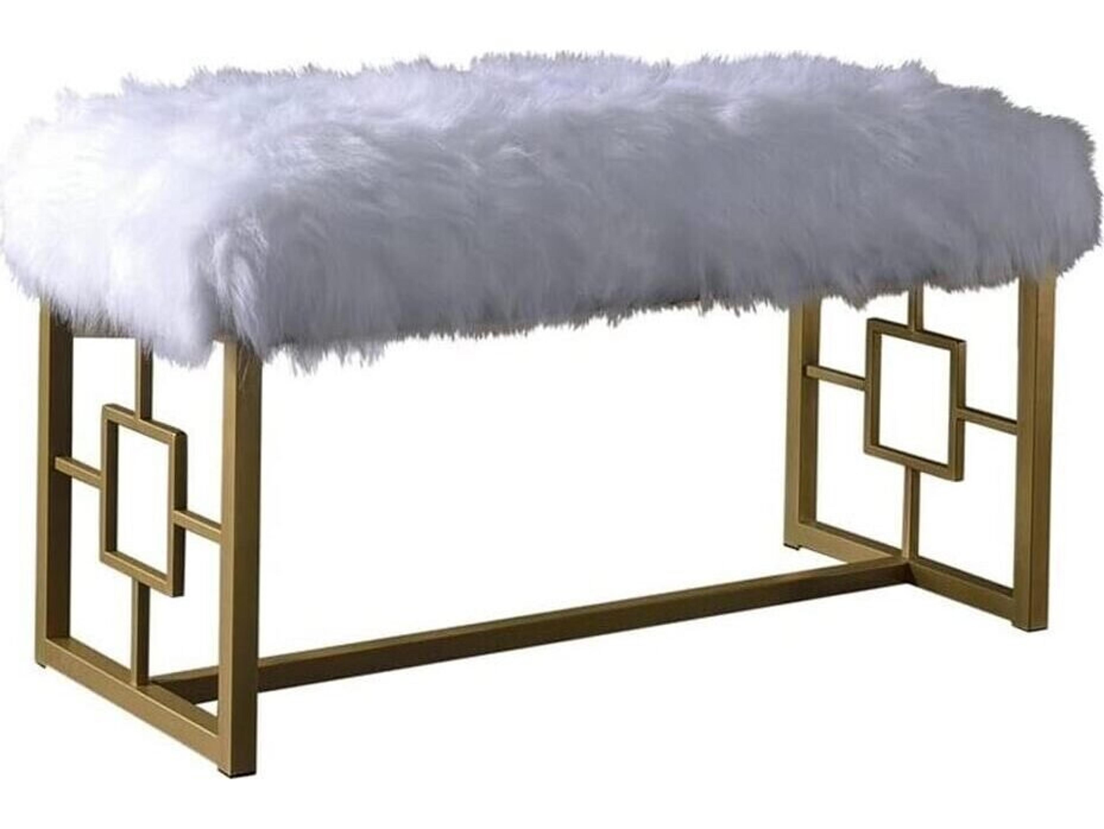 Acme Furniture Bagley Ii White Faux Fur Gold Accent Bench