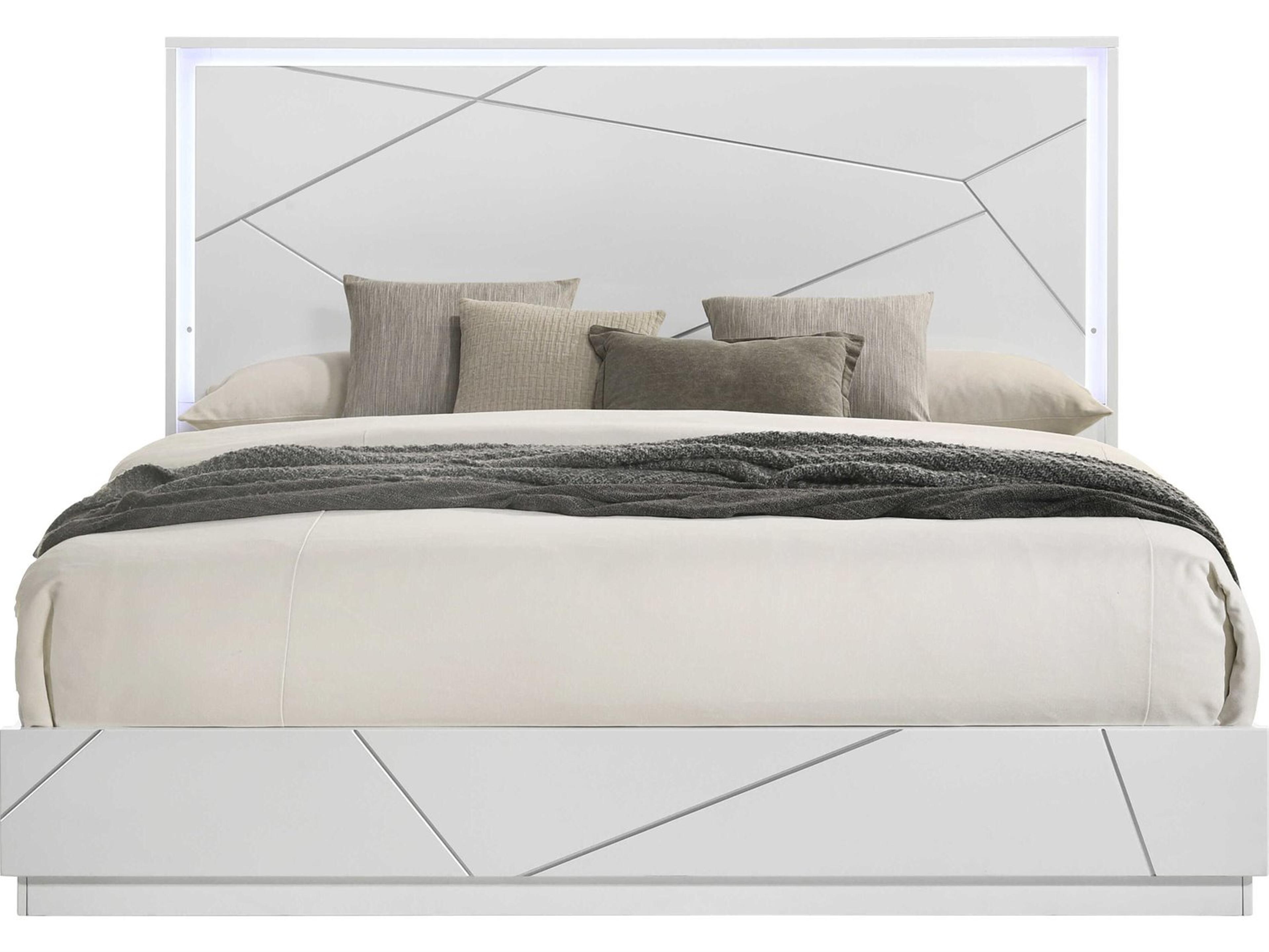 Acme Furniture Esther White Silver High Gloss Plywood Wood Queen Platform Bed