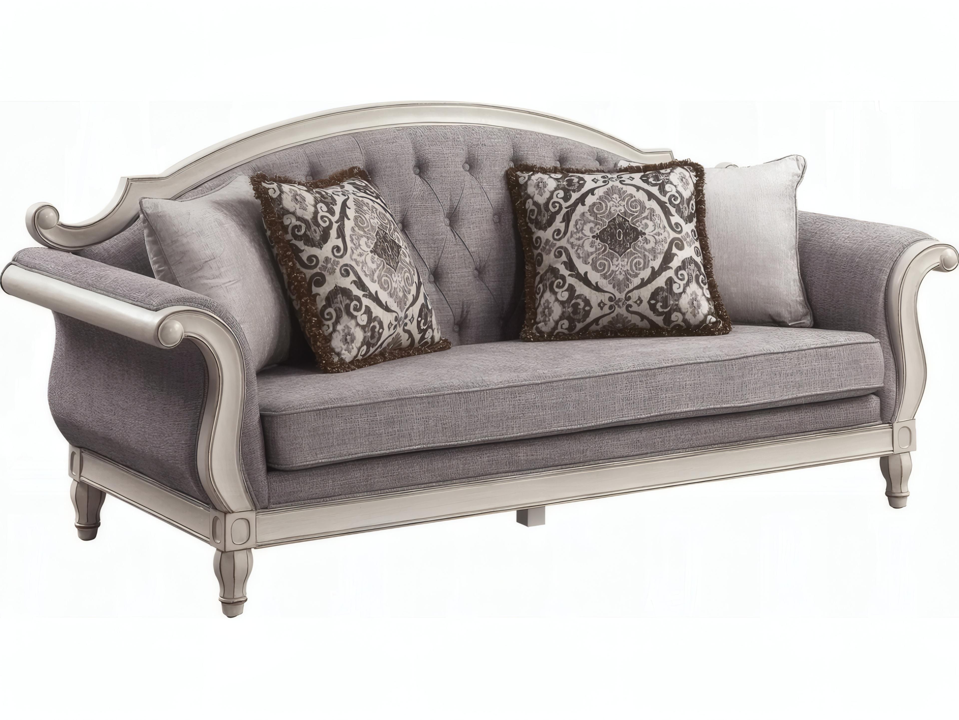 Acme Furniture Florian Gray Fabric Antique White Upholstered Sofa